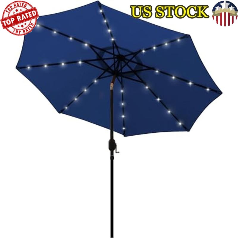 9ft Solar Patio Umbrella 32 LED Lights Easy Tilt Shading Iron Shaft Blue Adult
