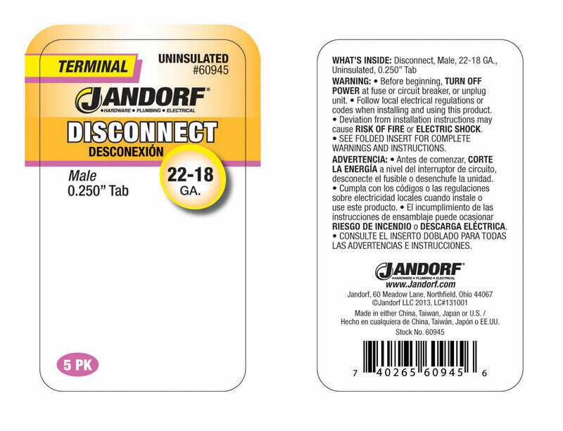 Jandorf Terminal MALE DISCONNECT 5 pk SILVER 22-18 Ga. 0.250" Uninsulated 60945