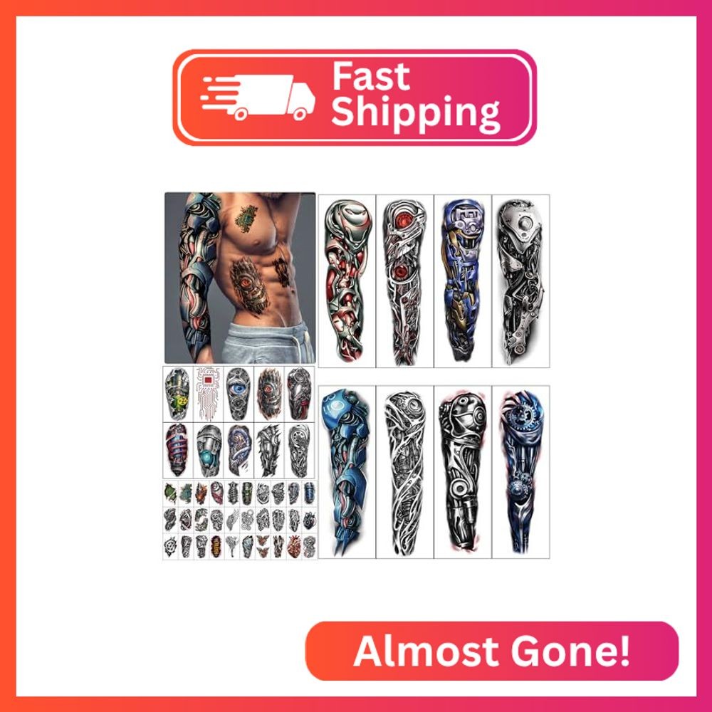 48 Sheets Mechanical Style Full Arm Sleeve Temporary Tattoos for Men Kids, Fake
