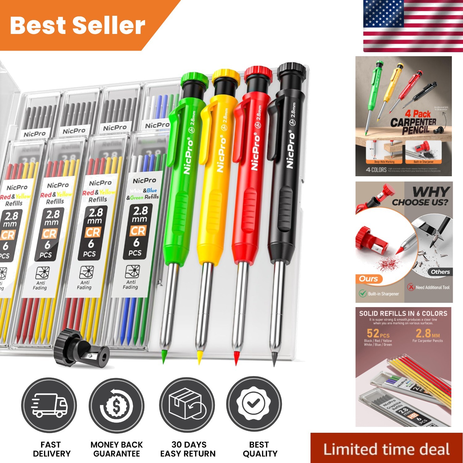 Ergonomic Carpenter Pencil Kit with Sharpener & 52 Multi-Color Leads - 4 Pack