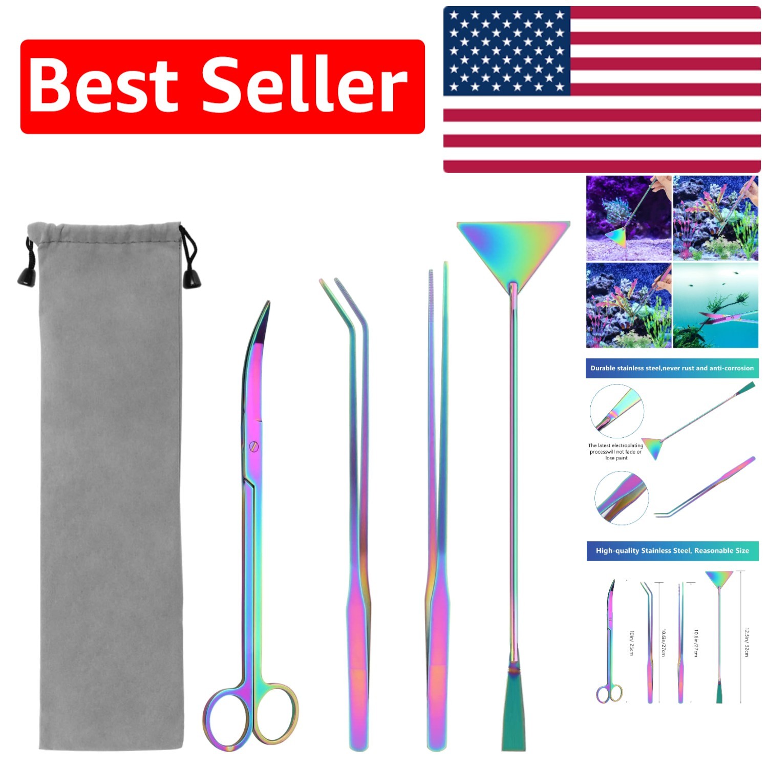Stainless Steel Aquascaping Tool Set with Velvet Pouch - 4 Essential Tools