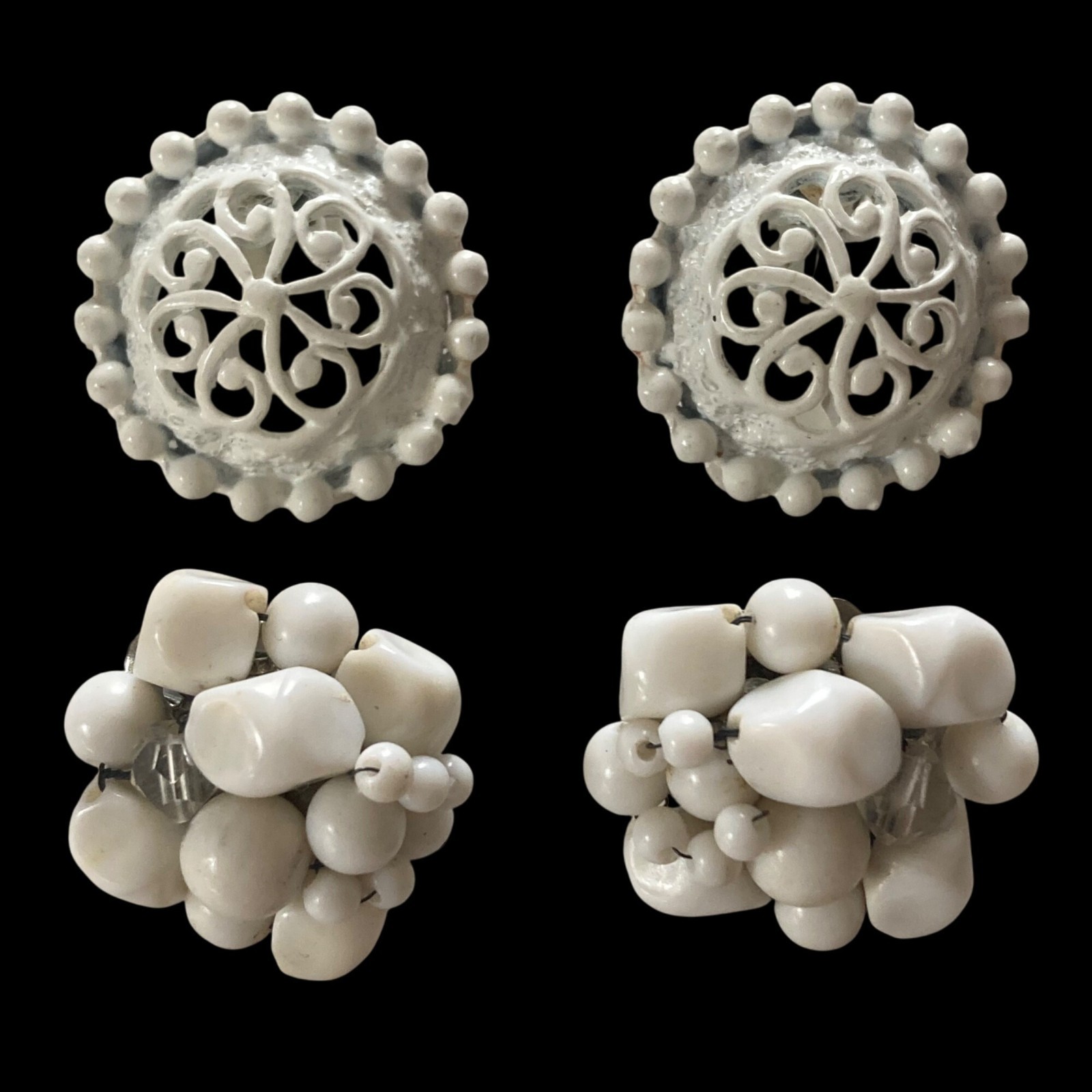 Vintage White Clip On Earrings Lot Of 2 Enamel Filigree Beaded Cluster Feminine