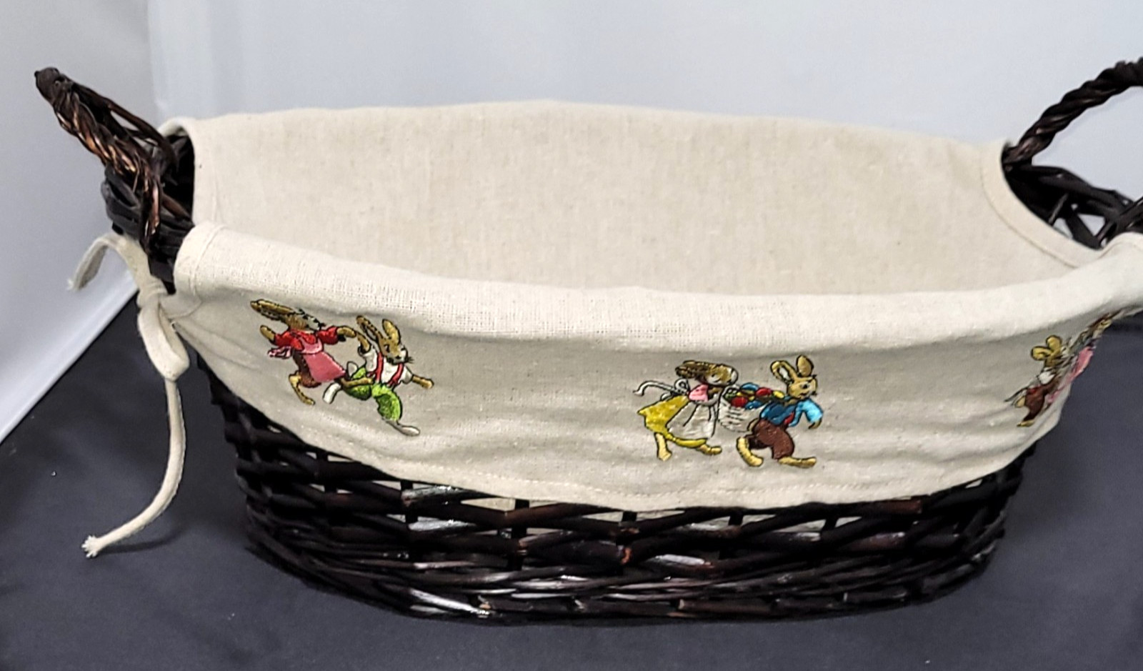 Lined Woven Easter Basket With Bunny Floral Embroidery