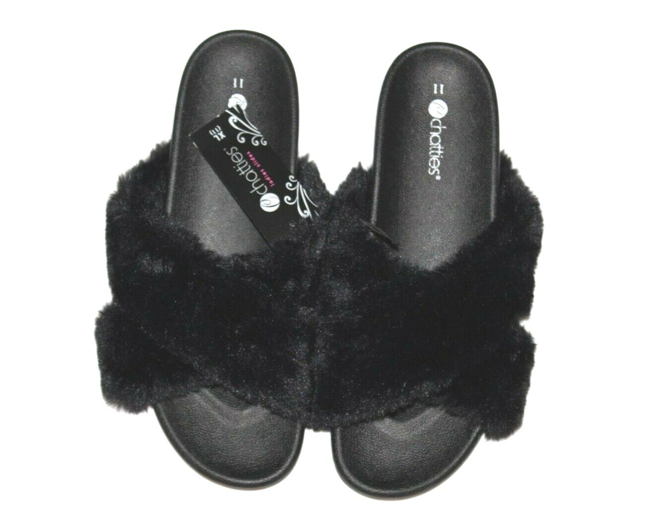 Chatties Ladies' Women's Black  Fur Trim Slip-On Slippers Slides XL (11)