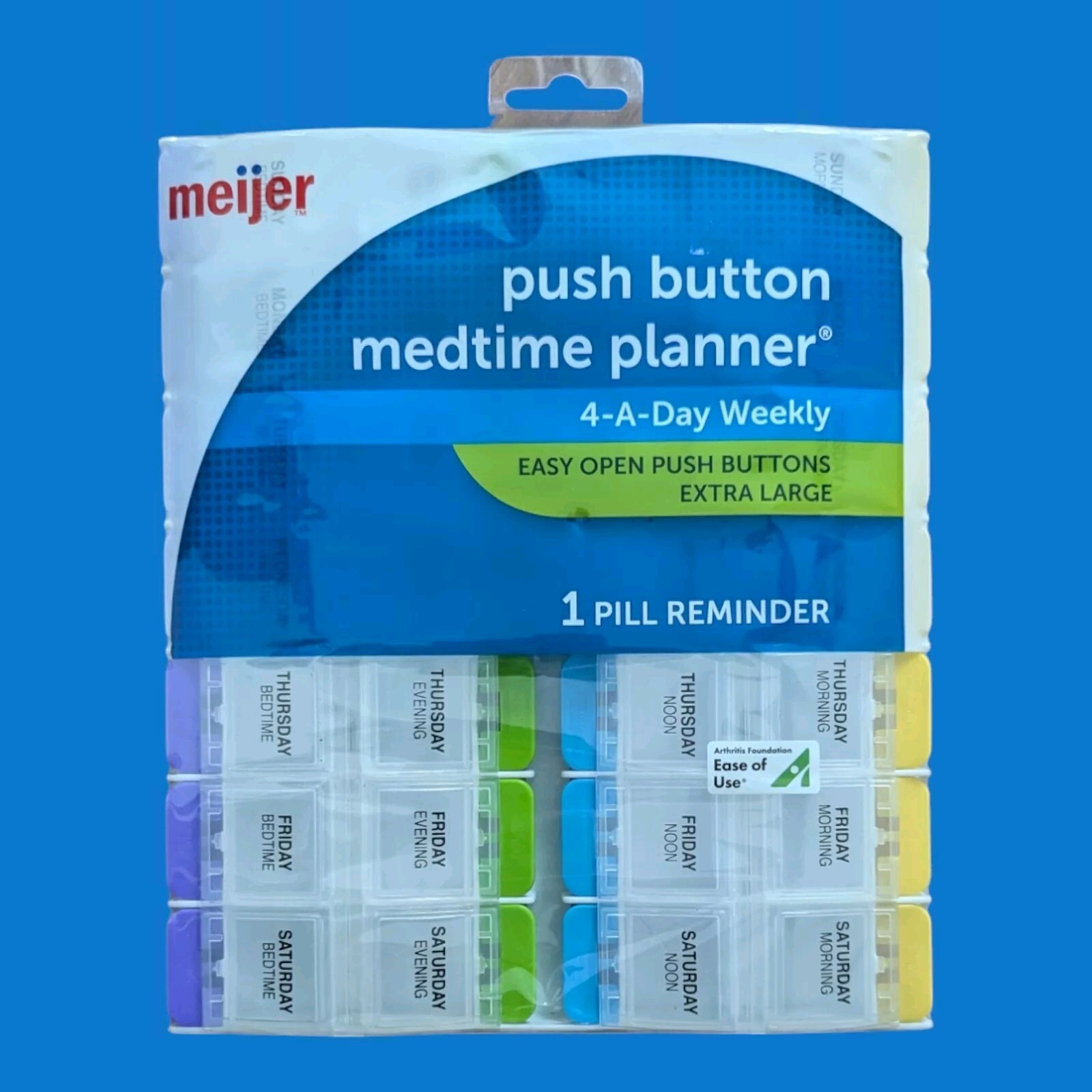 Meijer Pill Med Planner Organizer 4-a-Day Push Button Arthritis 28 Compartments
