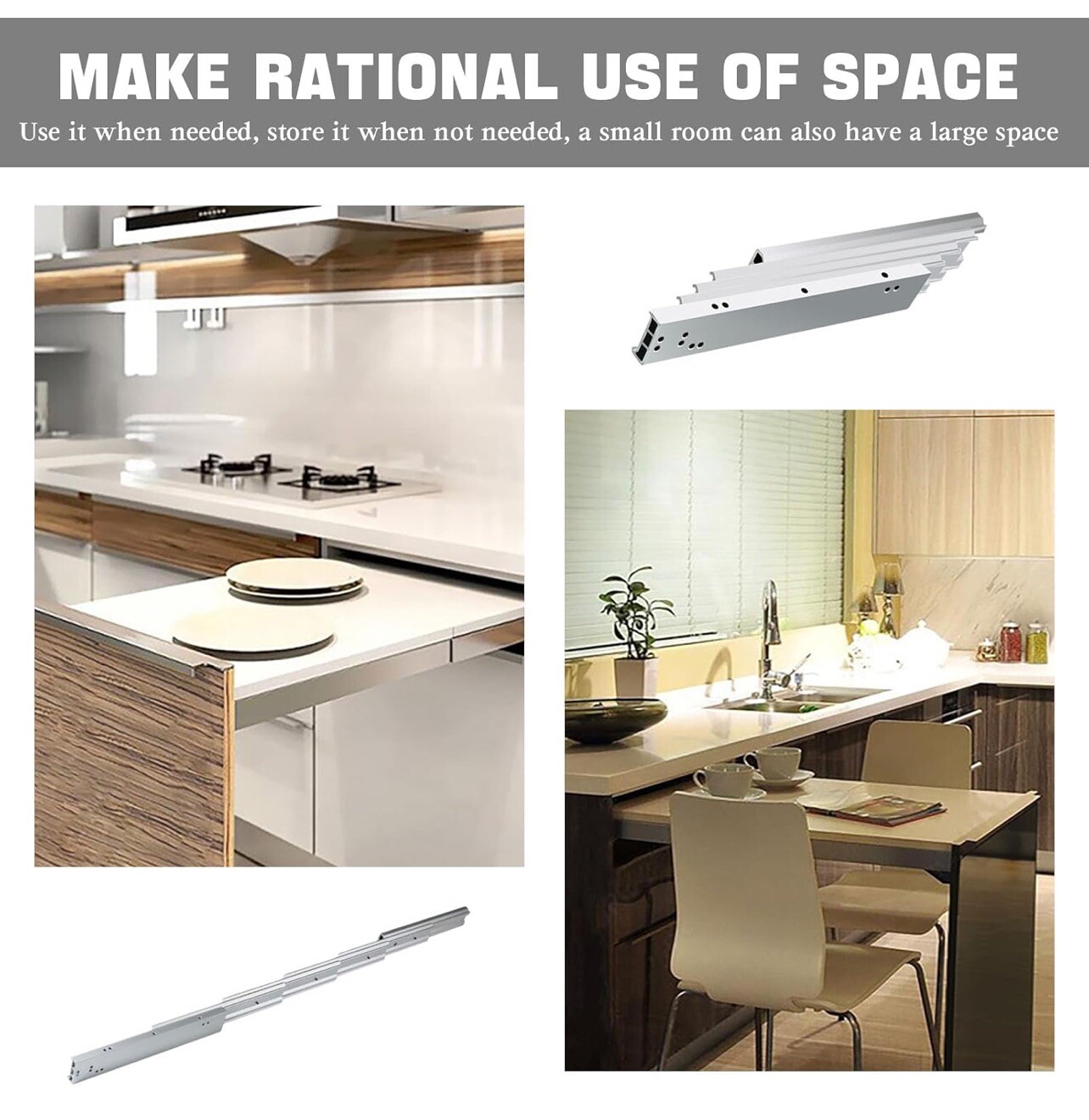 Full Extension Table Slide, Aluminum Telescopic Cabinet Table Guide Rail Hing...