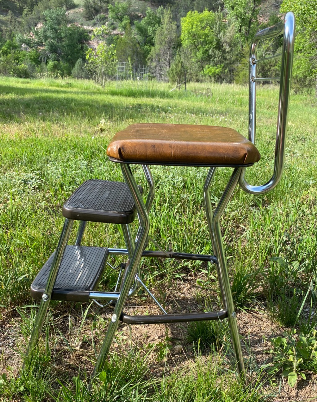 Vintage Cosco Chrome Kitchen 2 Step Stool Brown Seat 32 Inches Tall