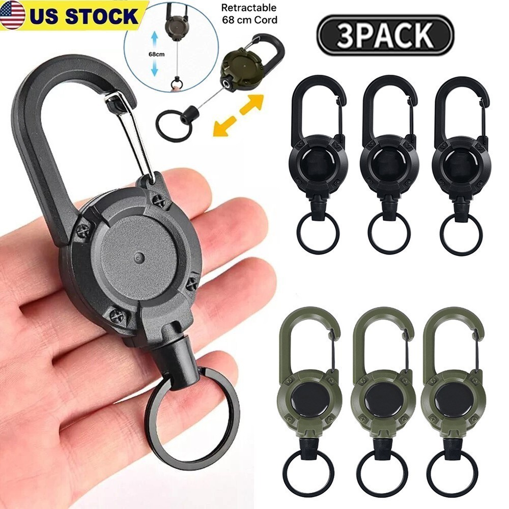 3Pcs Retractable Heavy Duty Carabiner Reel Keychain Steel Wire Rope Badge Holder