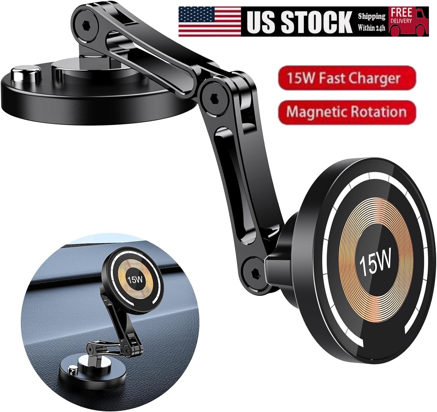 15W Magsafe Car Mount Wireless Charger 360° Rotatable Magnetic Phone Holder