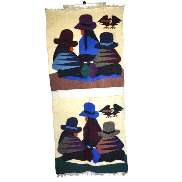 Peruvian Ecuador Handmade Tapestry of 3 Women in Ponchos & Hats Art Wall Hanging