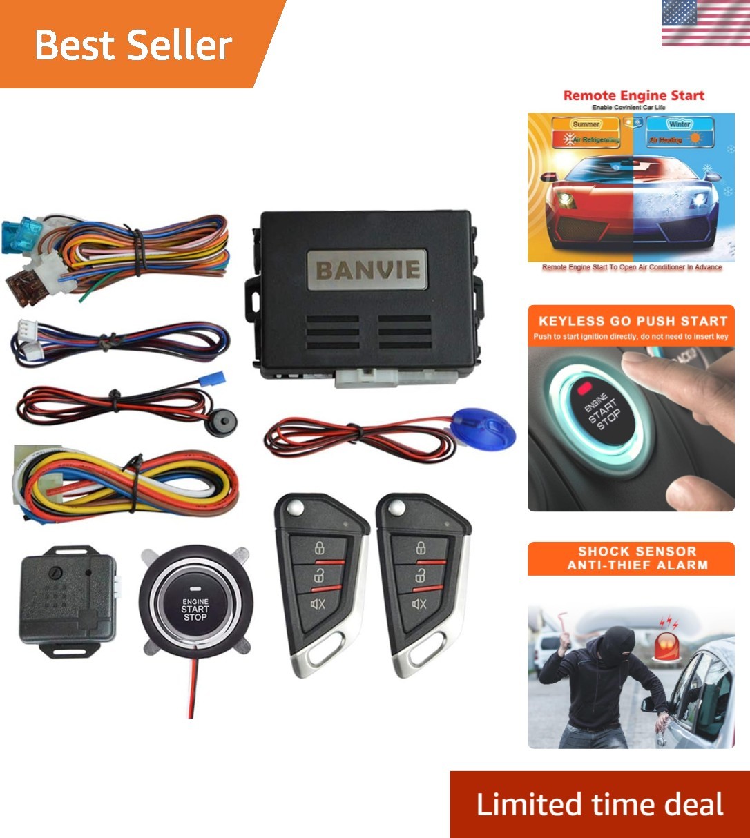 Push to Start Car Security Kit with Remote Entry & Trunk Release Feature