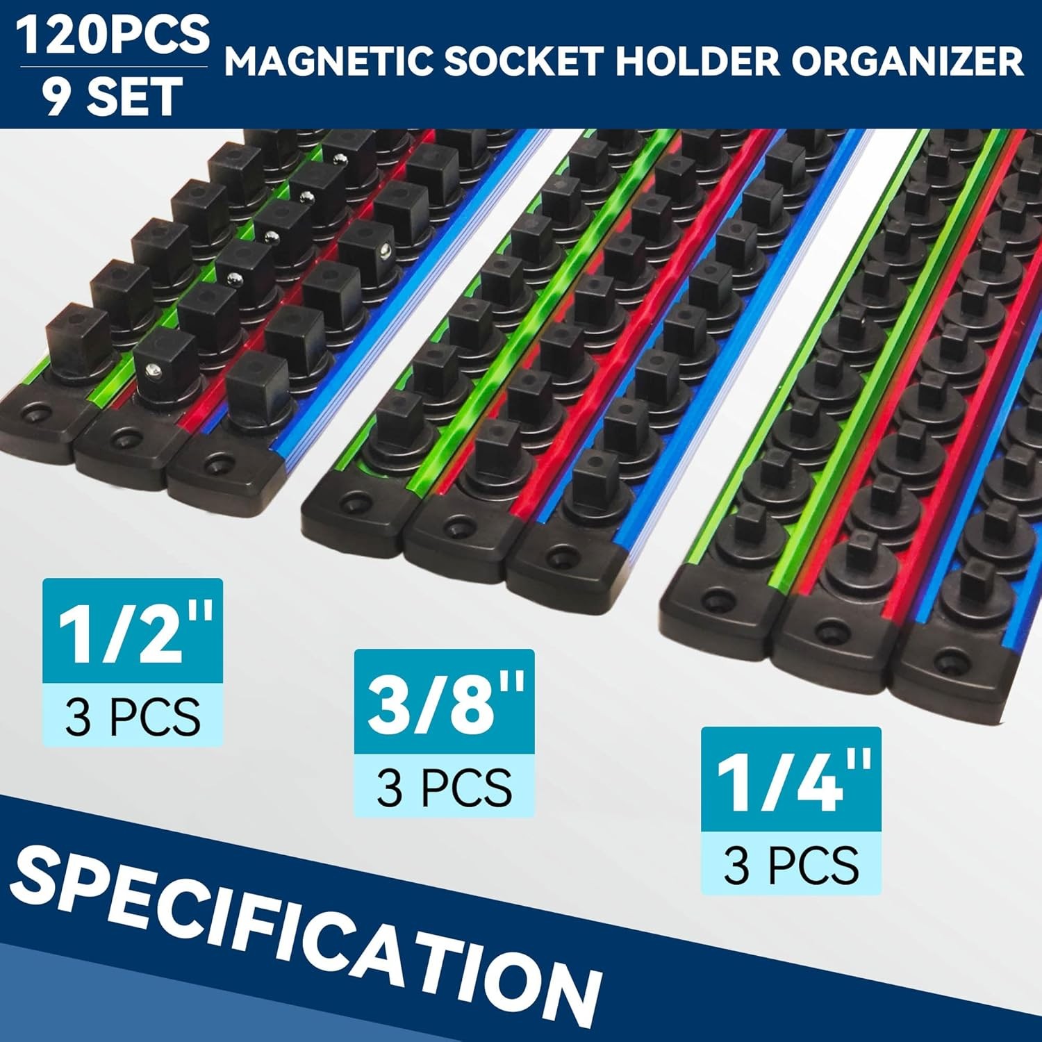 Magnetic Socket Holder Organizer Set - 9-Piece Detachable Trays for 1/4", 3/8",