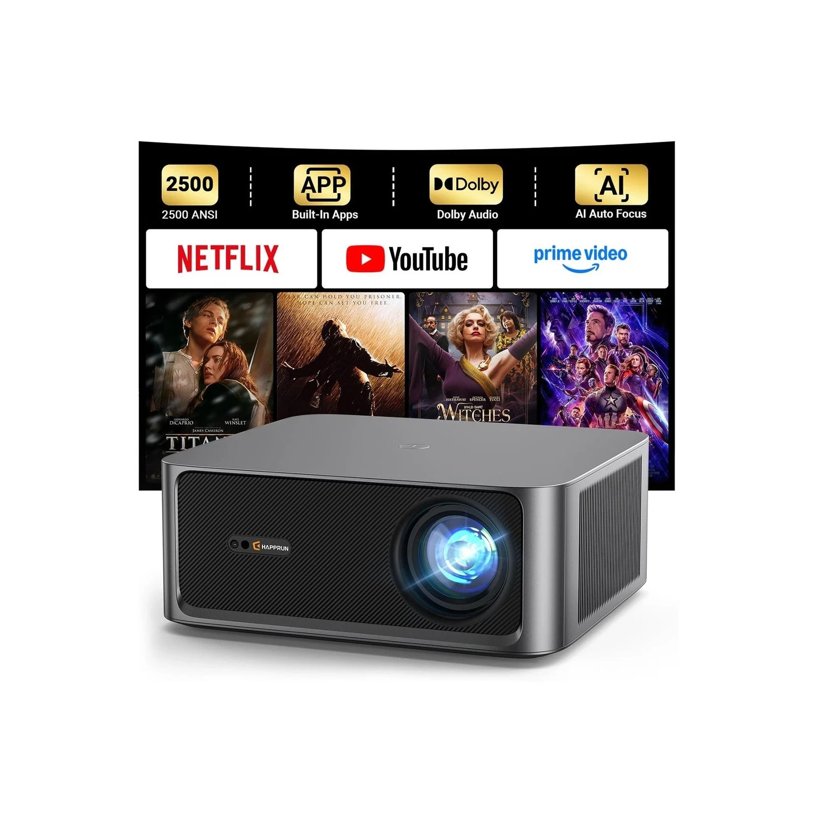 HAPPRUN 2500 ANSI Lumens Outdoor Projector Built-in Streaming Apps, 4K KC7 PRO
