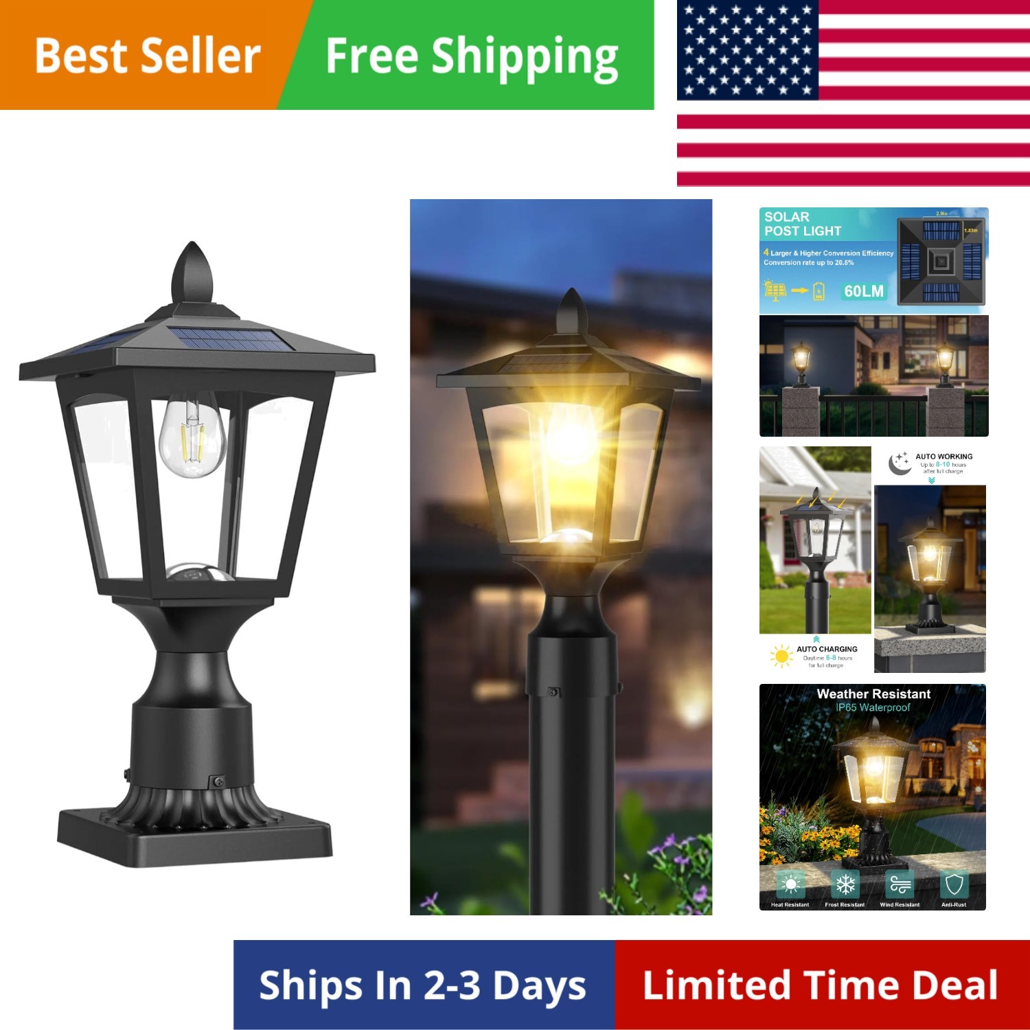 Solar Post Lamp, Dusk to Dawn, Outdoor Waterproof Light for Garden Yard Pillar