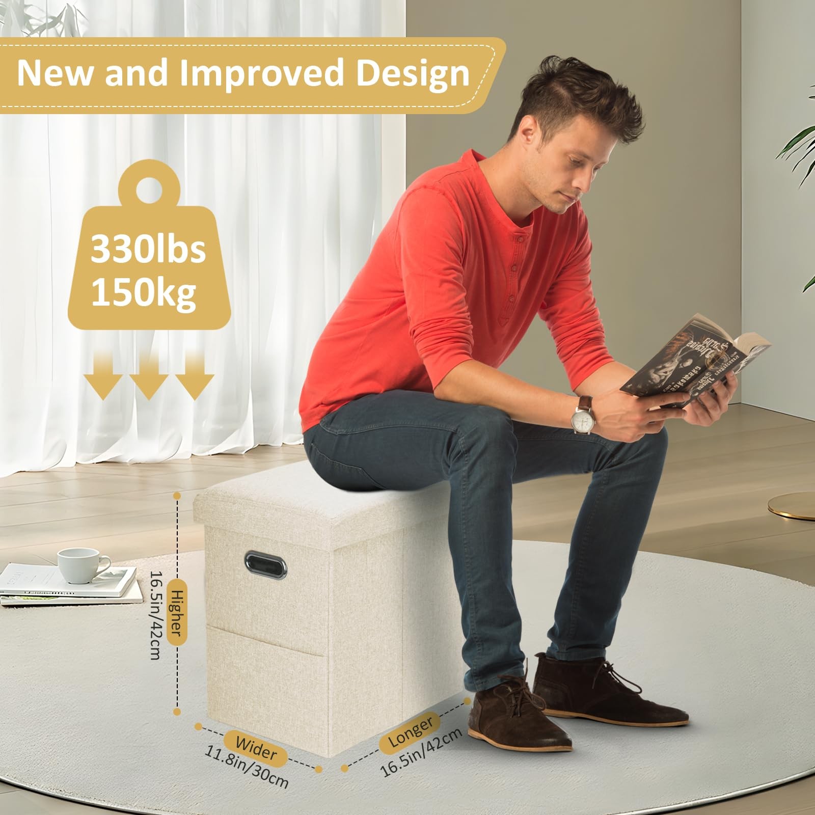 Tall Ottoman with Storage Collapsible Fabric Small Slim Folding Ottoman Furni...