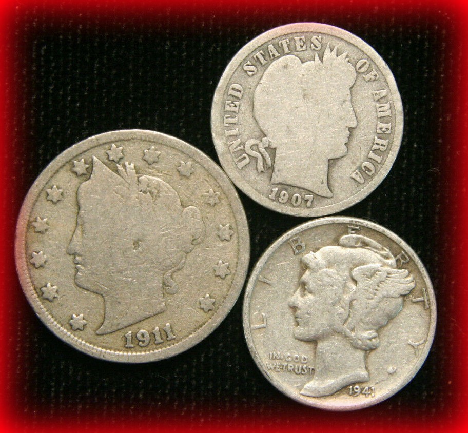 Old US Coin Estate Lot Barber Dime Liberty Nickel Mercury Dime 3 Coin Set