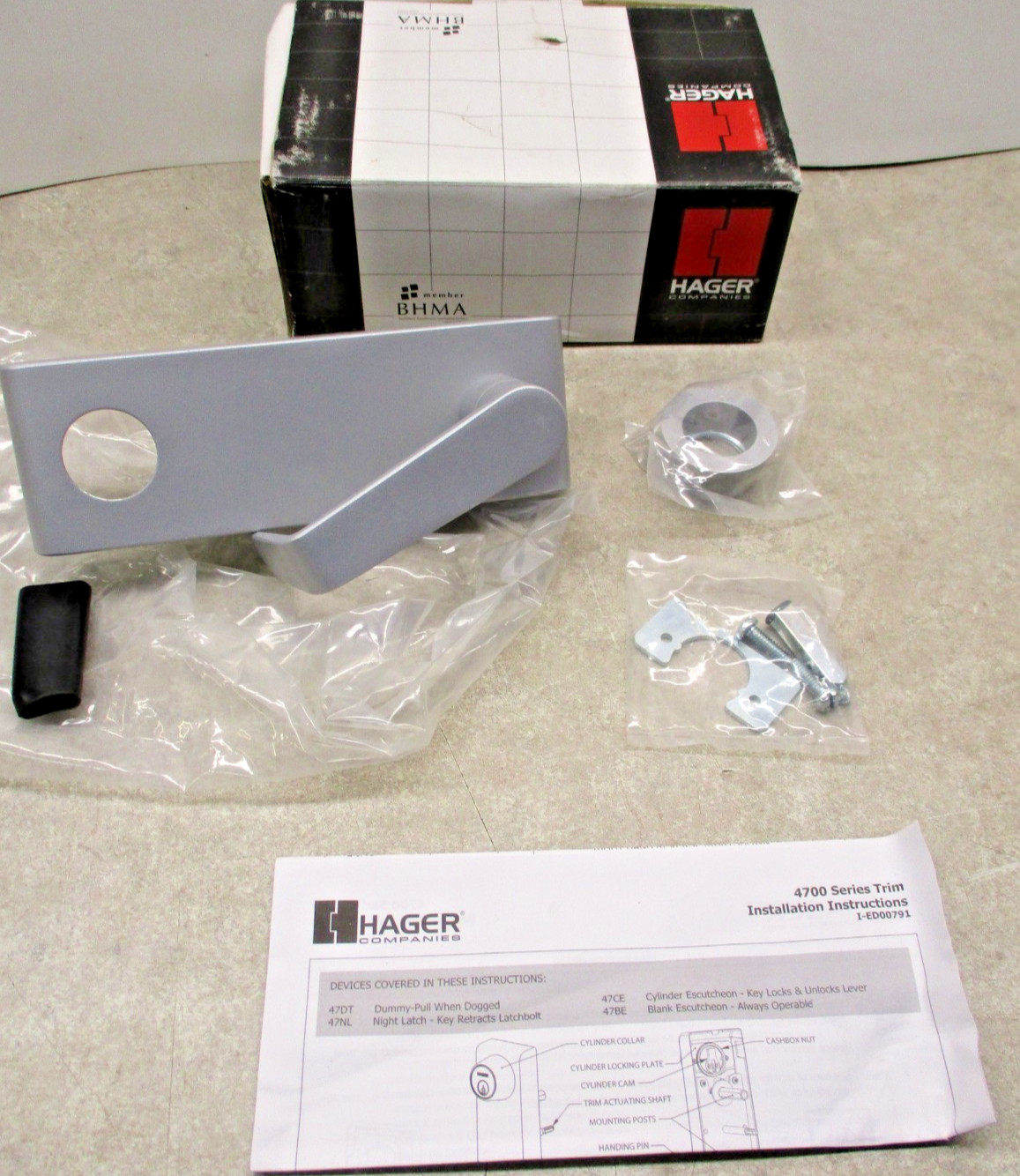 Hager 47CE ALUMINUM WTN LHR NC Escutcheon Lever Trim for 4700 Series Exit Device