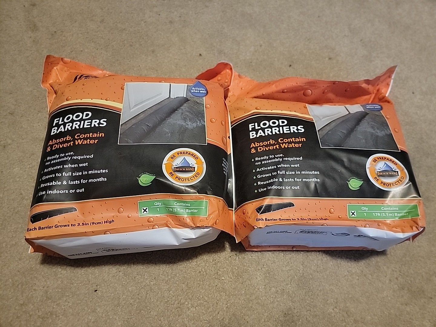 Lot Of 2 Quick Dam 17 ft Flood Barrier Water Activated Absorb Contain Divert NEW