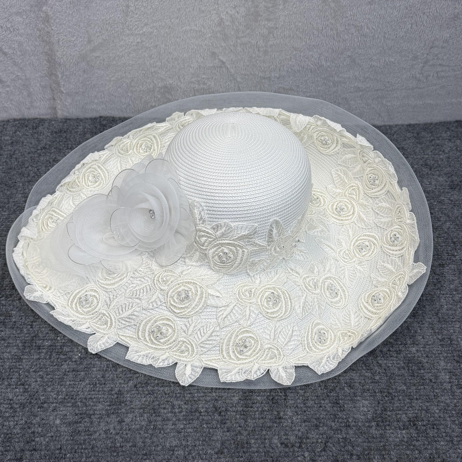 VTG Ms Divine Hat Sun Womens White Lace Embroidered Beaded Derby Wedding Church
