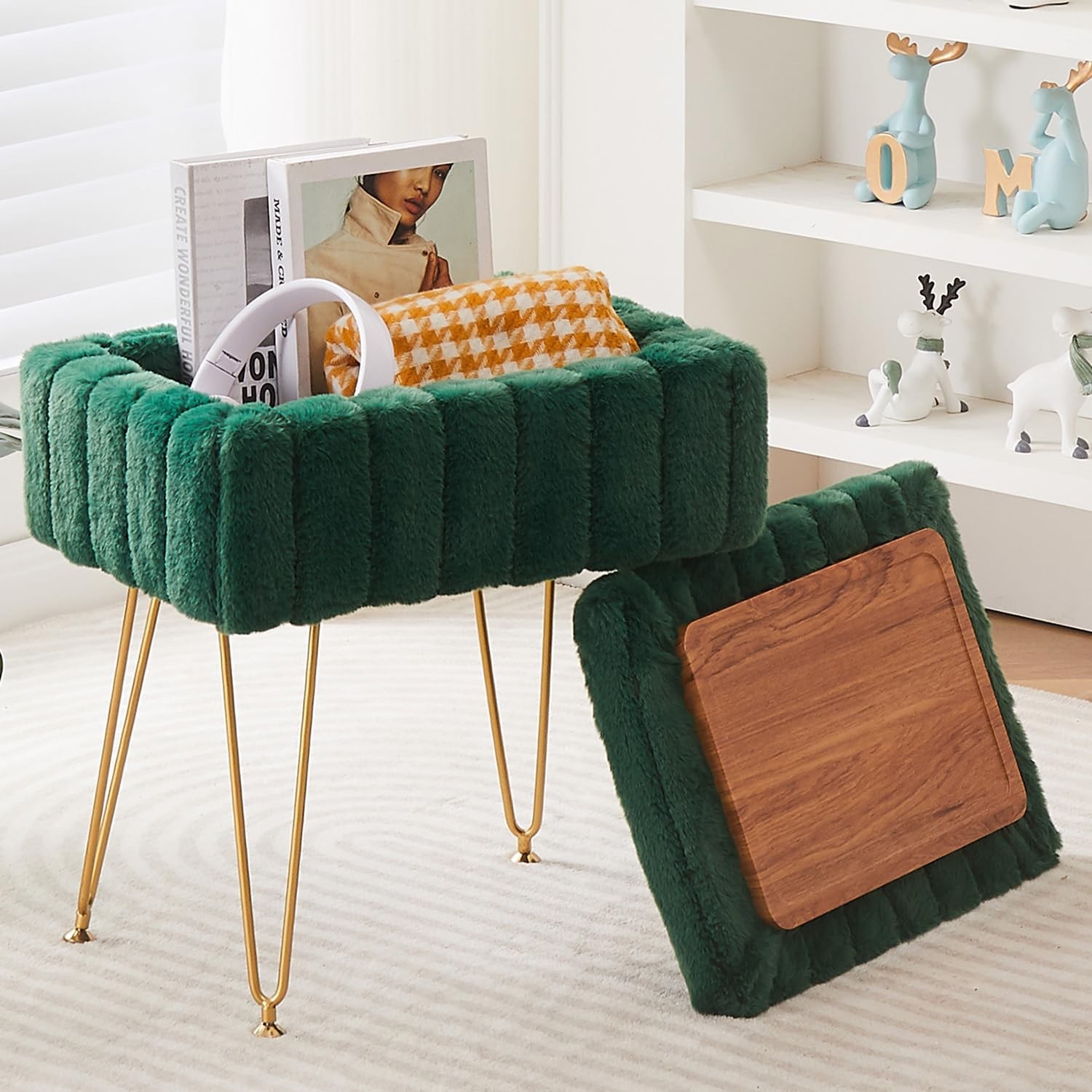 Faux Mink Fur Storage Ottoman, Modern Soft Footstool, Storage Bench with Meta...