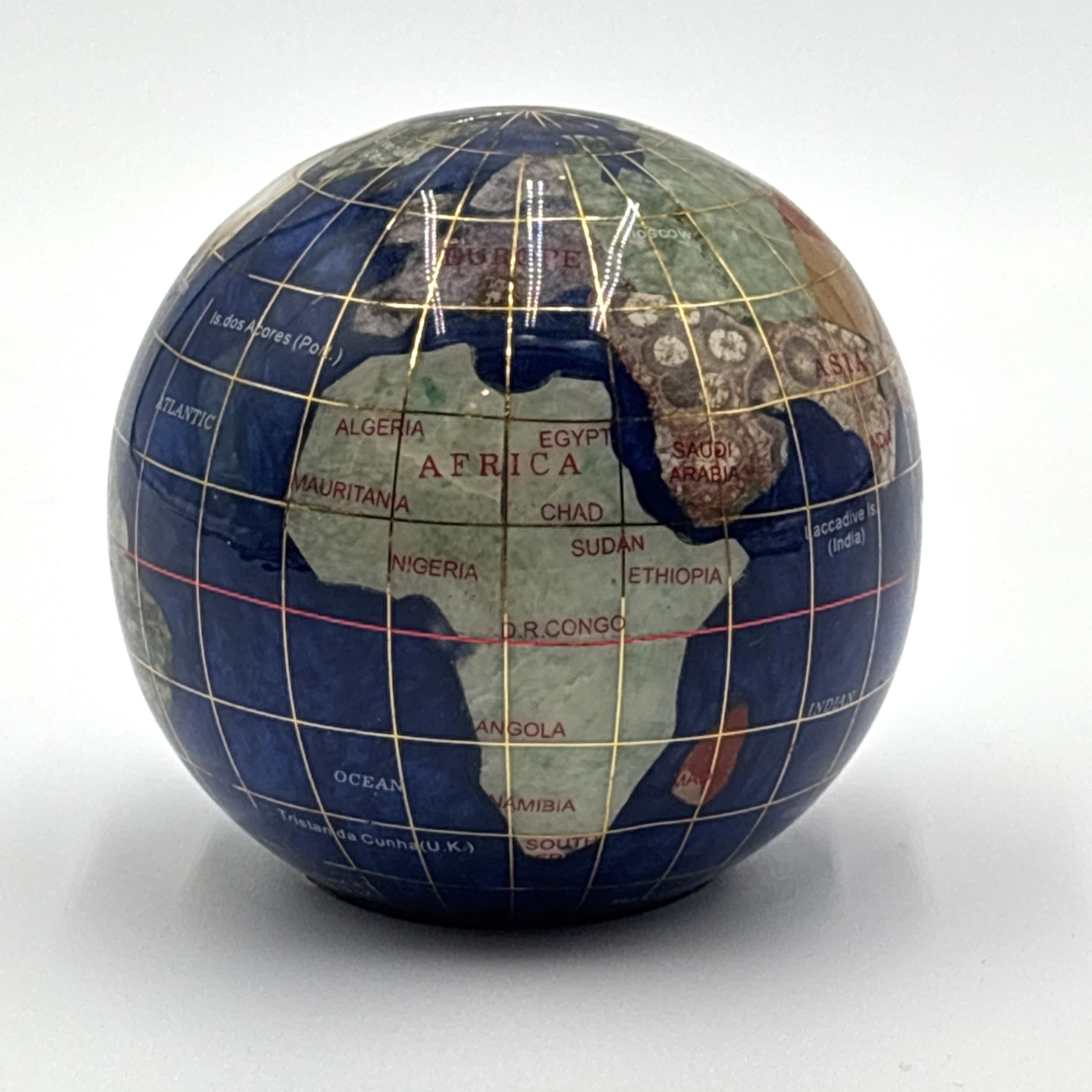 Semi Precious Gemstone Paperweight World Globe Caribbean Blue