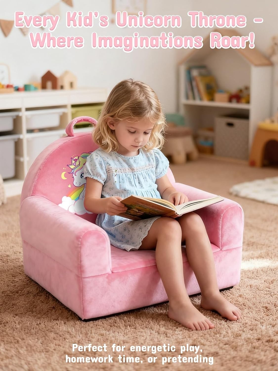 Kids Sofa Chair Pink Unicorn Toddler Chair Removable Washable Cover Cozy Velvet