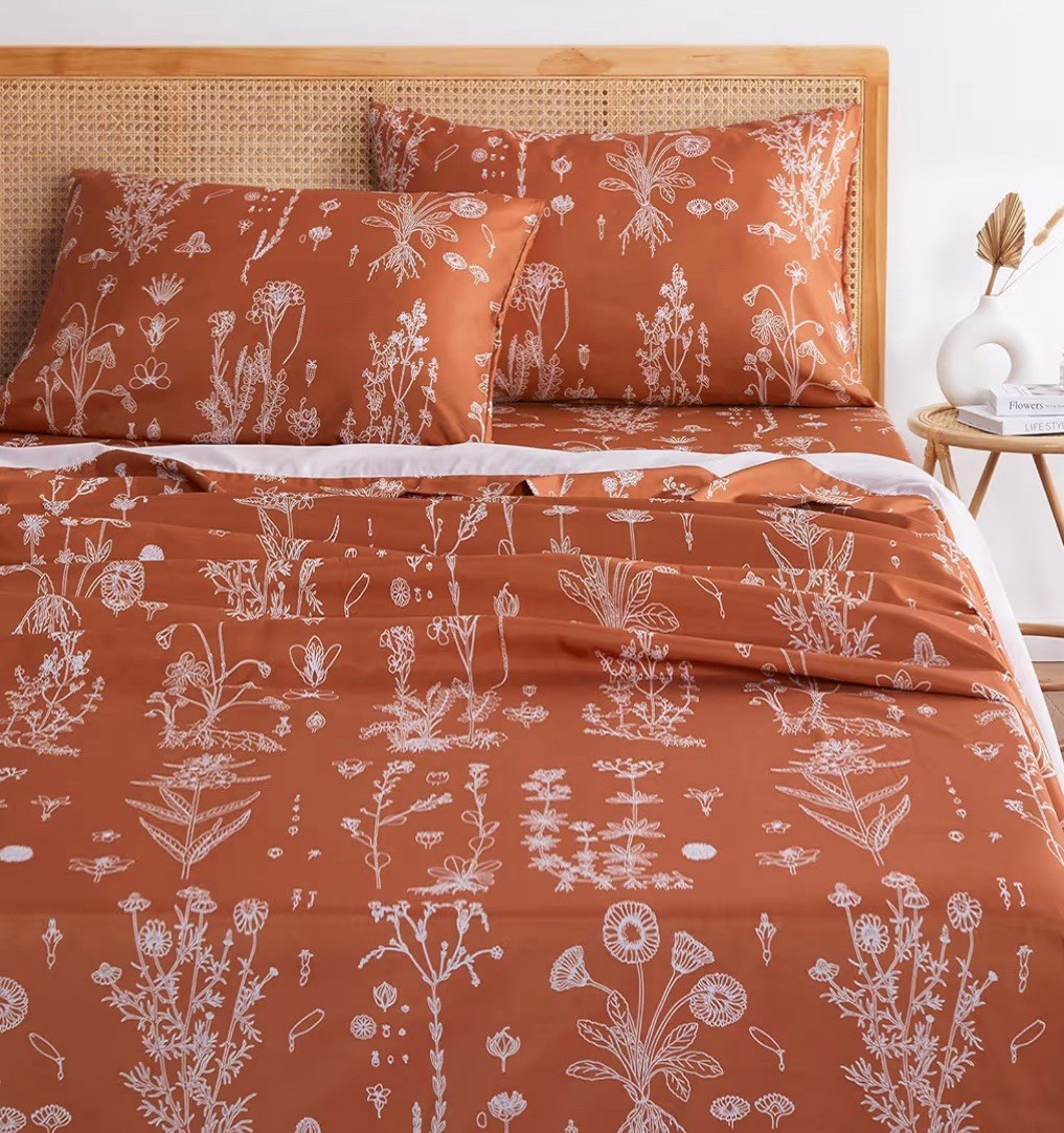 Floral King Sheet Set 4pc - Terracotta Orange Botanical Cottagecore Deep Pocket