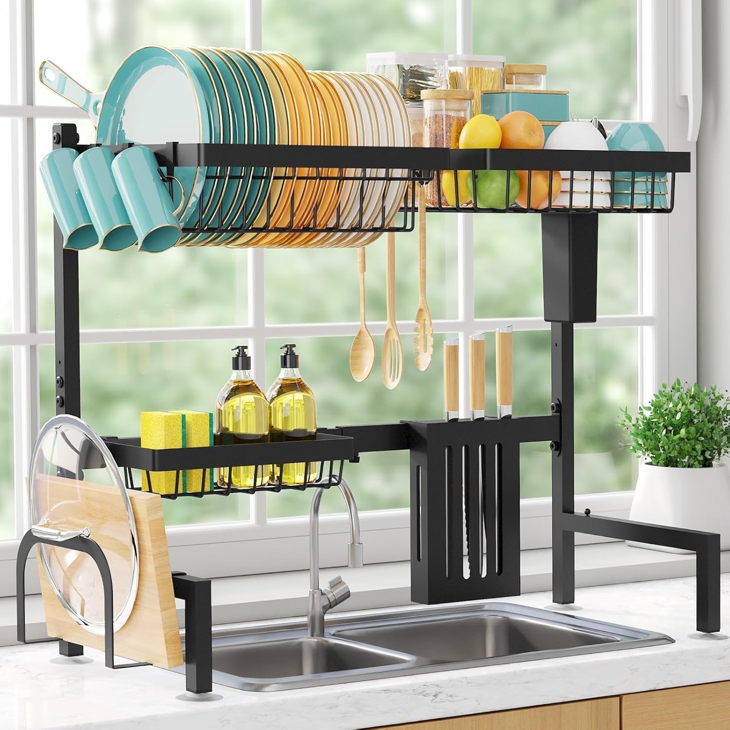 2 Tier Over Sink Dish Drying Rack Adjustable Stainless Steel Black