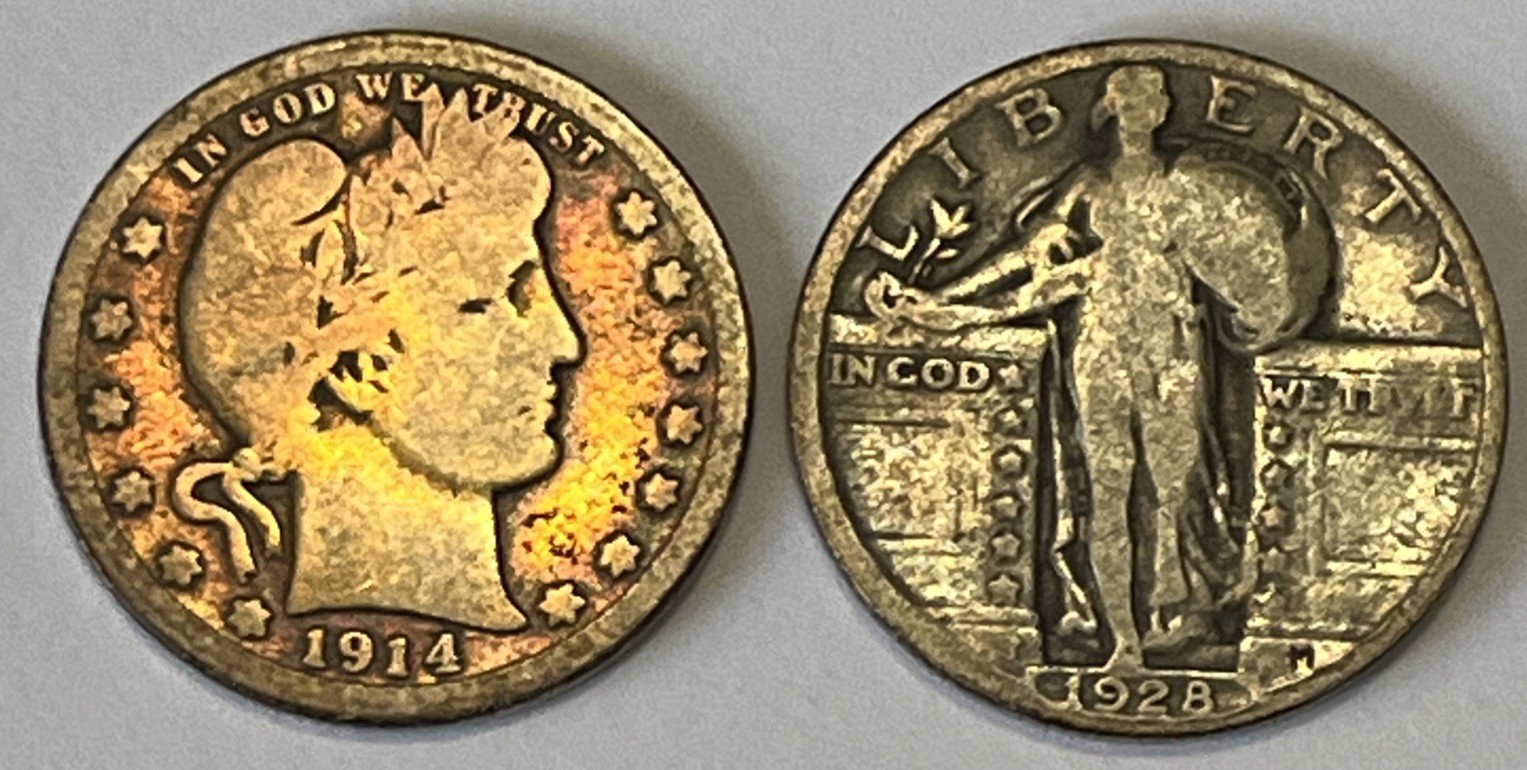 1914 25c Barber Quarter & 1928 25c Standing Liberty 2 Silver Coins