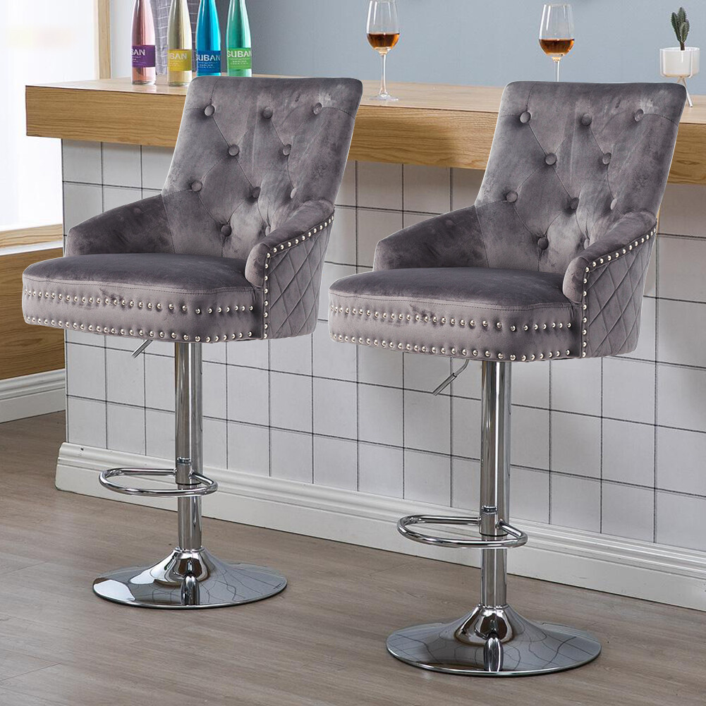Extra Large Velvet Bar Stool Heavy Duty Adjustable Breakfast Chair w Stable Base
