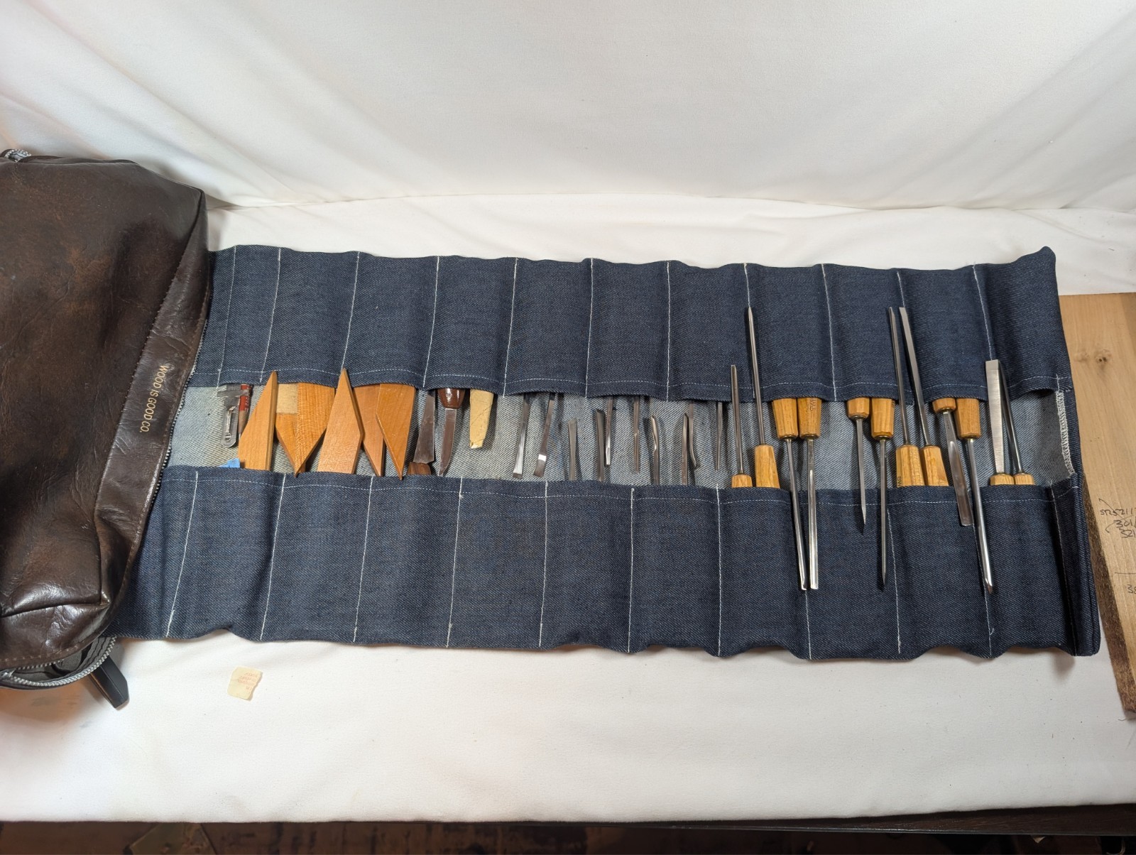Woodworking Lot w/ Denim Roll Bag 39pcs Pfeil, Woodcraft, Warren Carving Chisels