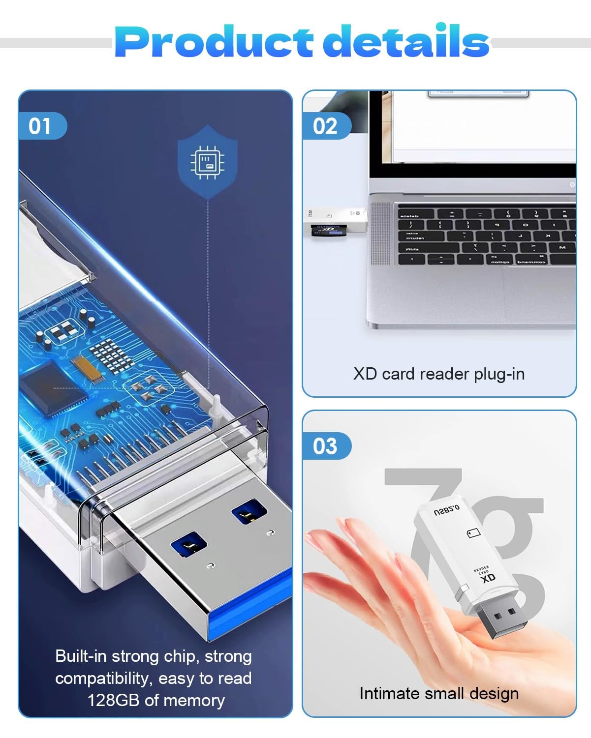 USB2.0 128GB XD Memory Card Reader Picture Adapter 1PC White, white