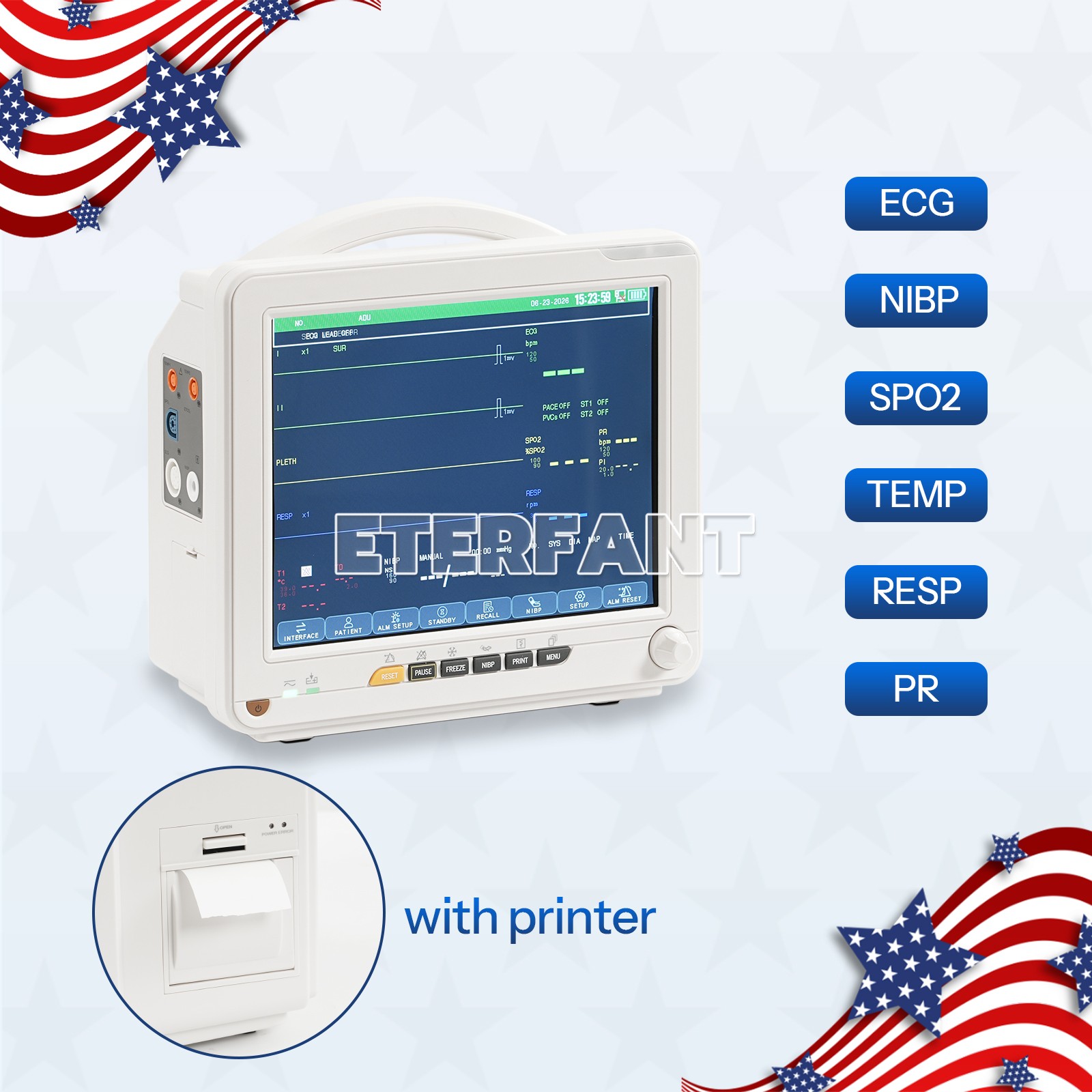 12" Patient Monitor for Hospital ECG NIBP RESP TEMP SPO2 PR with Thermal Printer