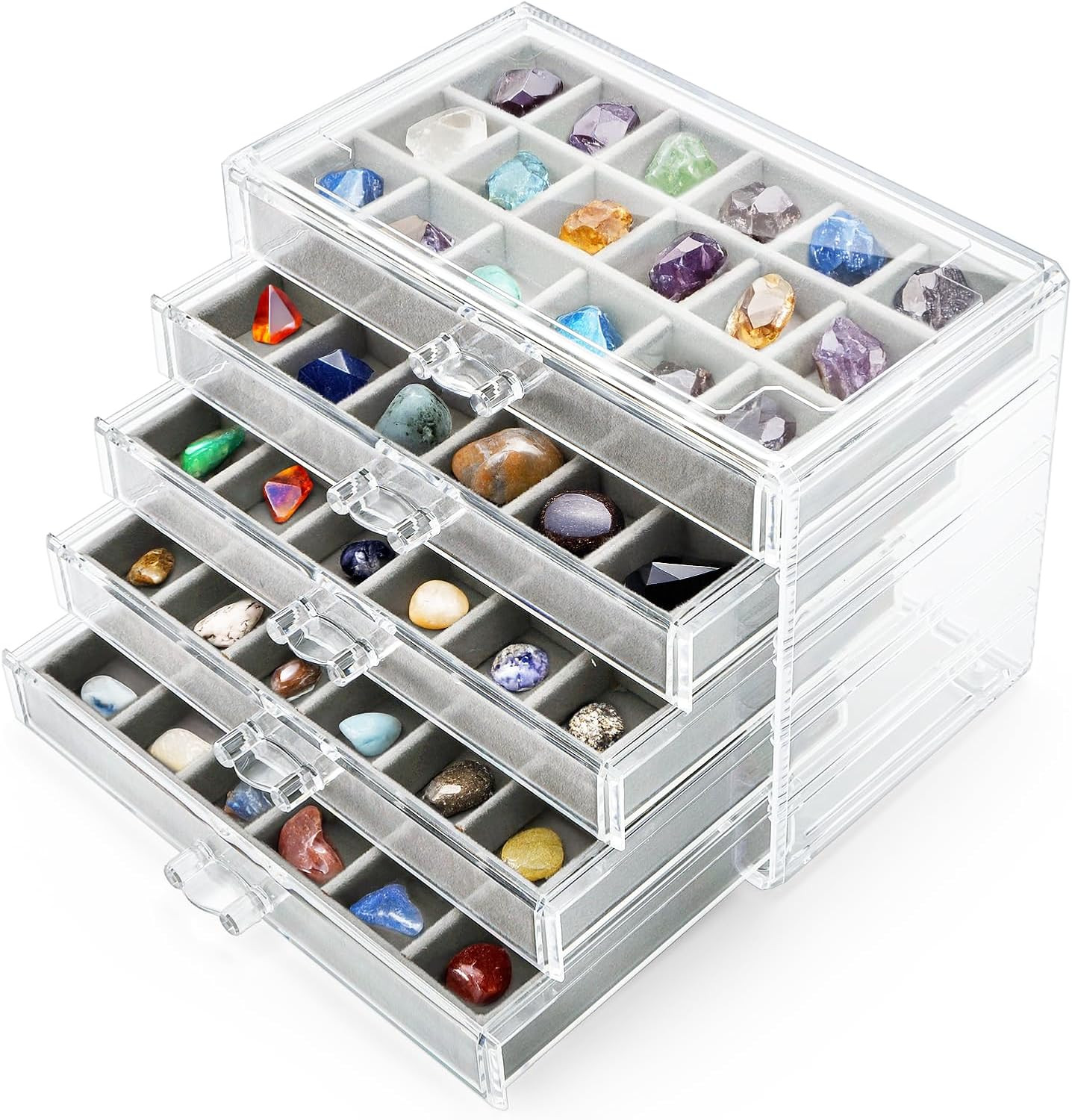 Clear Acrylic Rock Display Case, 5 Layer 90 Grids Rock Collection Case with Adju