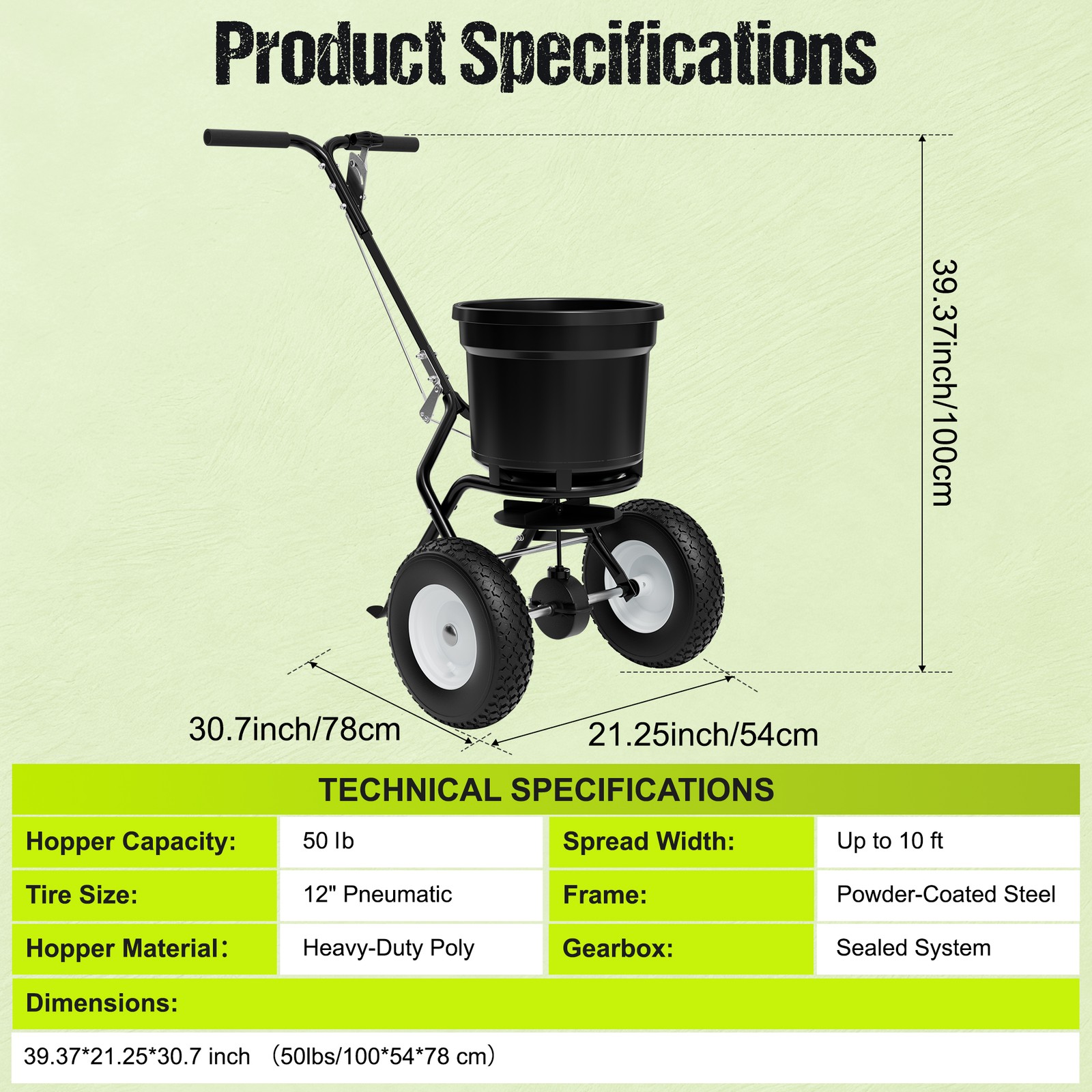Fertilizer Spreader 50LBS Capacity 0–10FT Spreading Width Seed & Salt Spreader