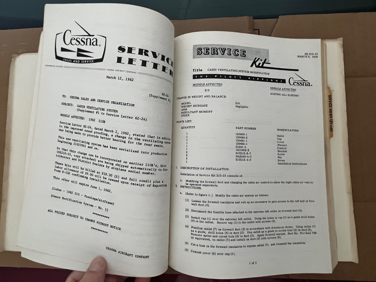 1963 Cessna Service Information Summary Manual All Models, Original