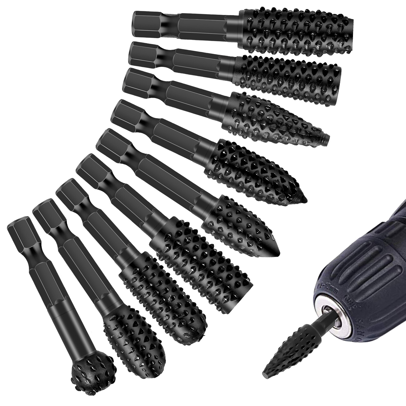 10Pcs 1/4in Shank Rotary Burr Rasp Set Carbon Steel Wood Carving File Drill Bits