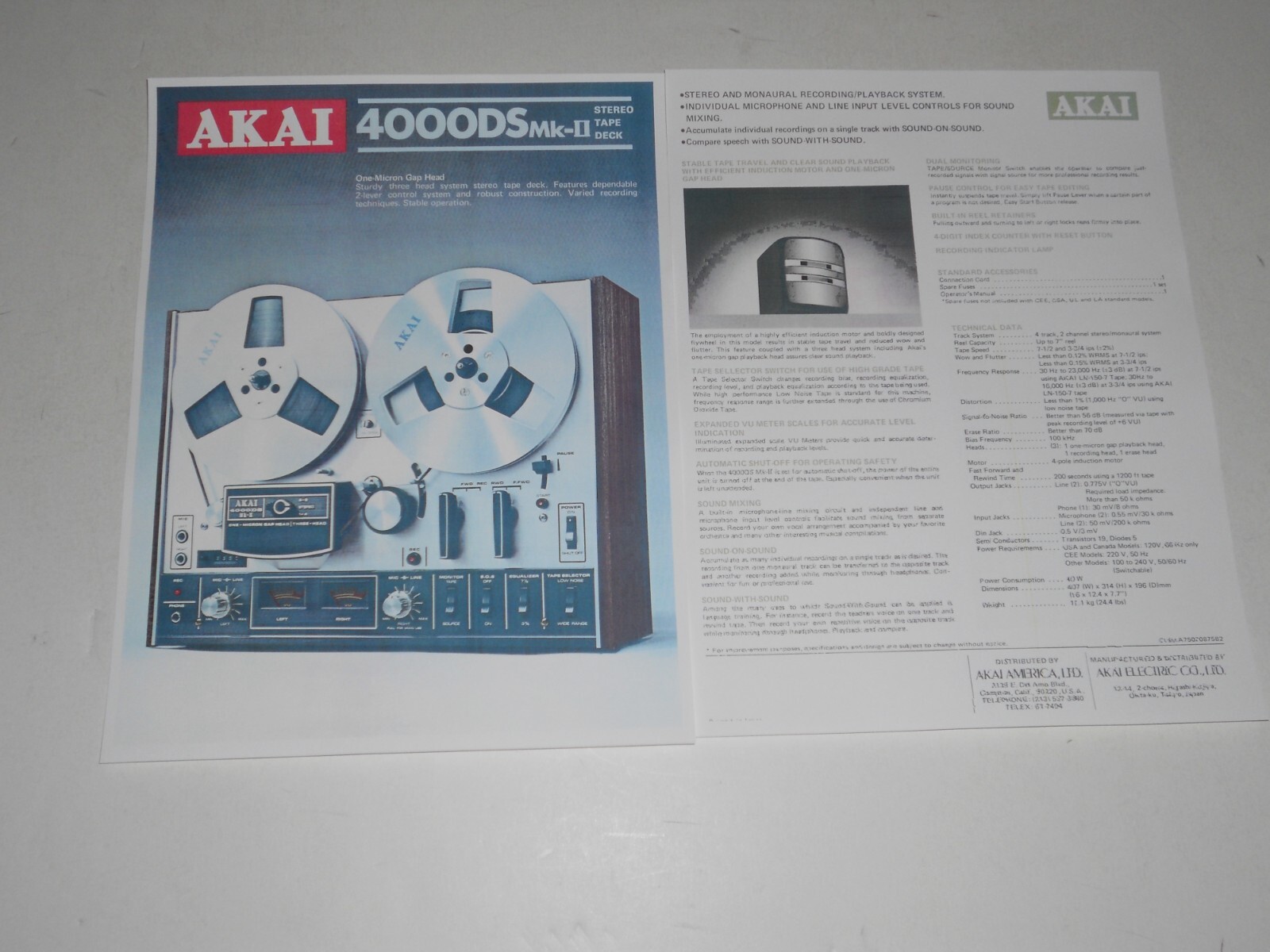 Akai Open Reel to Reel 4000DS Mk II Brochure '78 2 pages, Article, Specs, Info