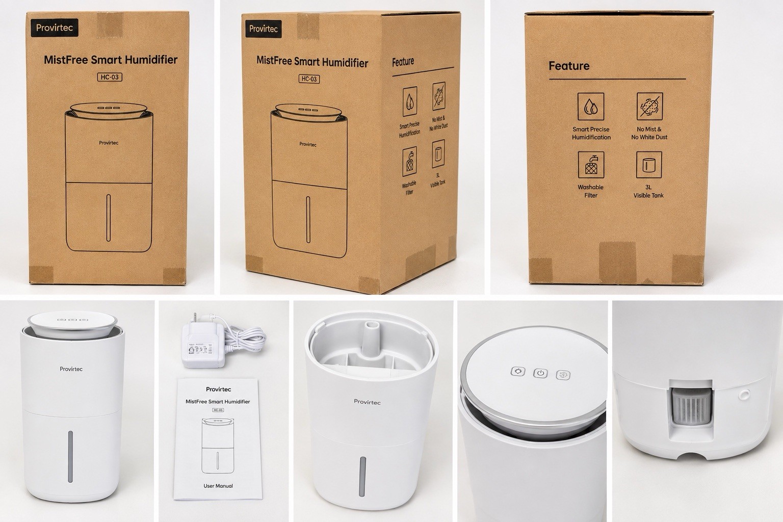Provirtec HC-03 3L Evaporative Smart Wi-Fi Humidifier 300 sq ft White