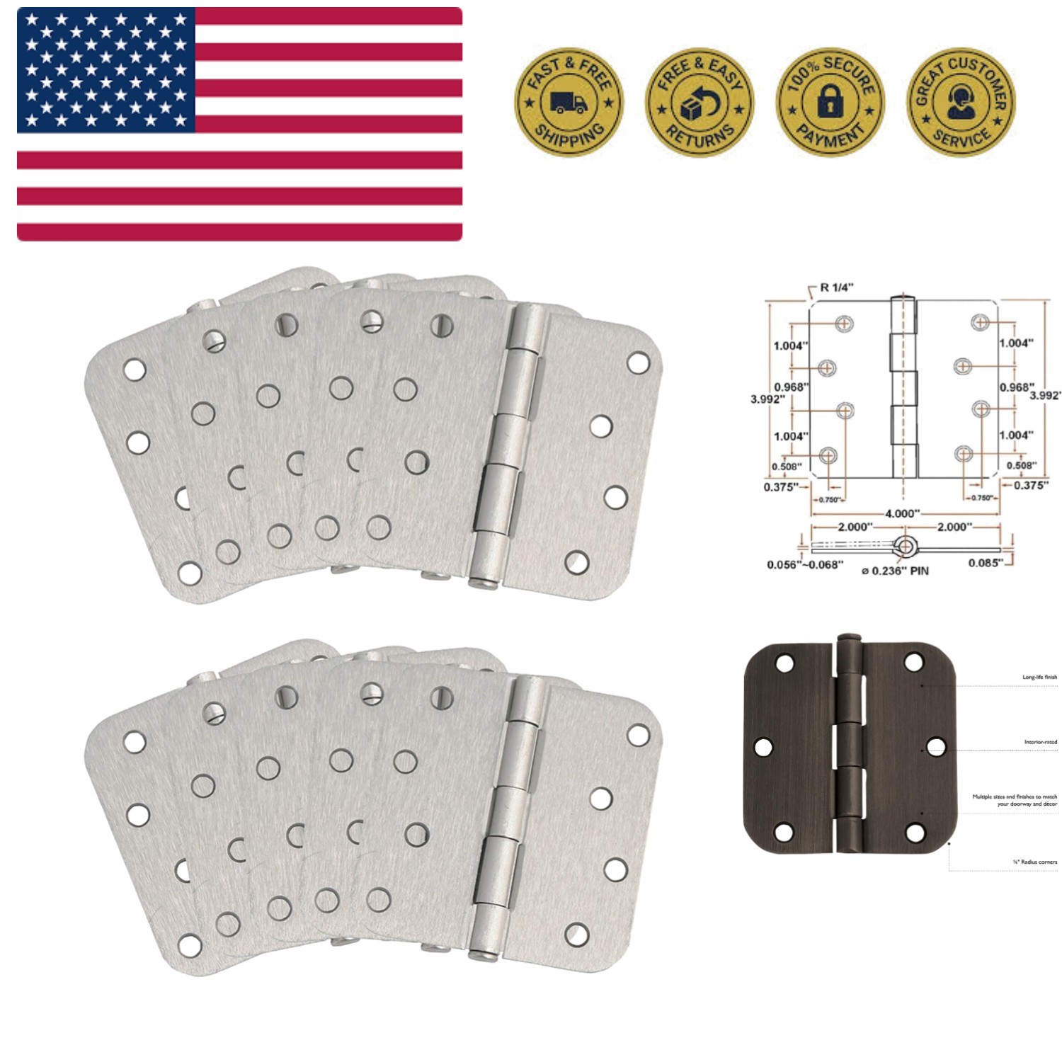 10-Pack 4-Inch x 4-Inch Interior Door Hinges with 5/8-Inch Radius, Satin Nick...