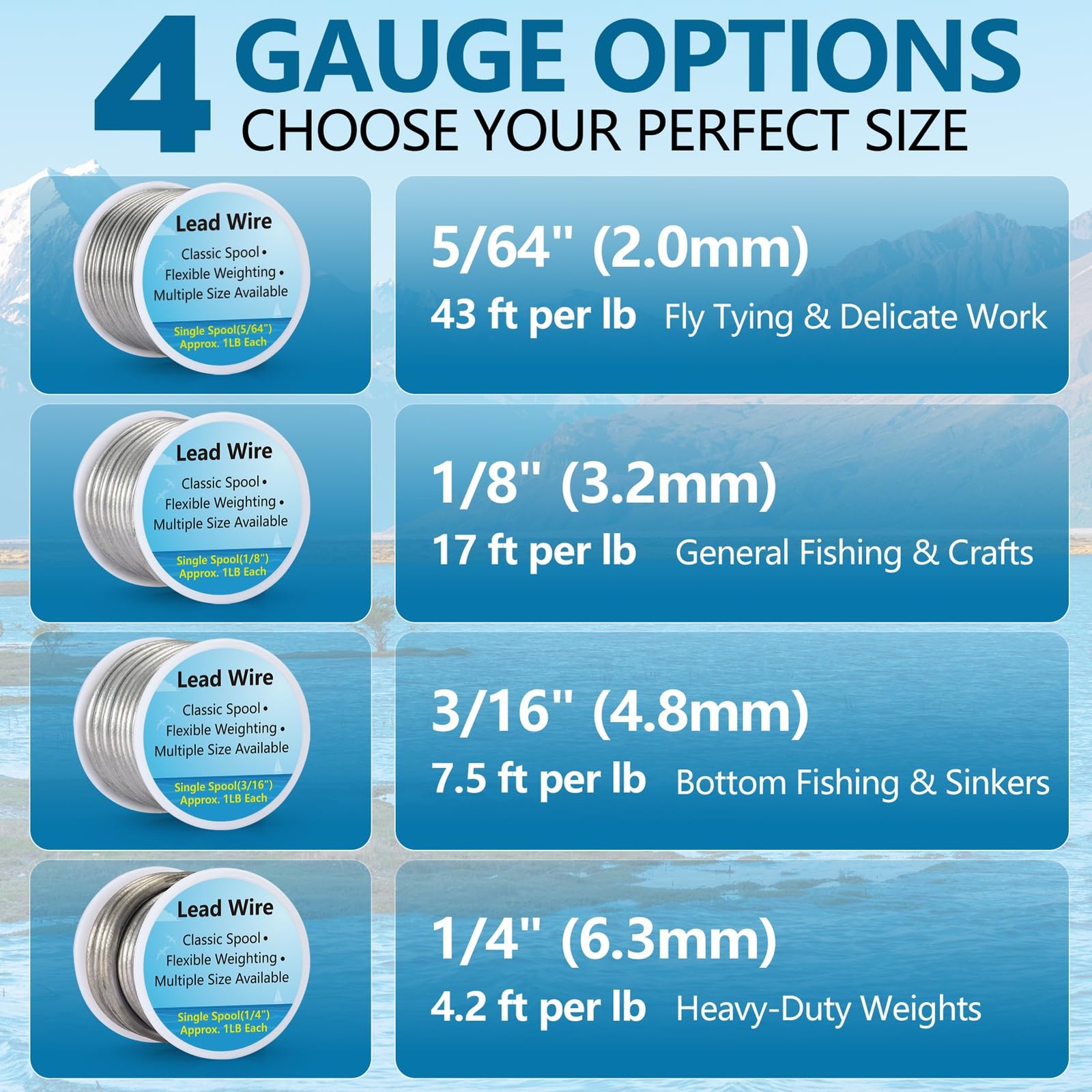 Lead Wire Solid Core Soft High Density 1 Lb Spool 5/64", 1/8", 3/16", 1/4" Gauge