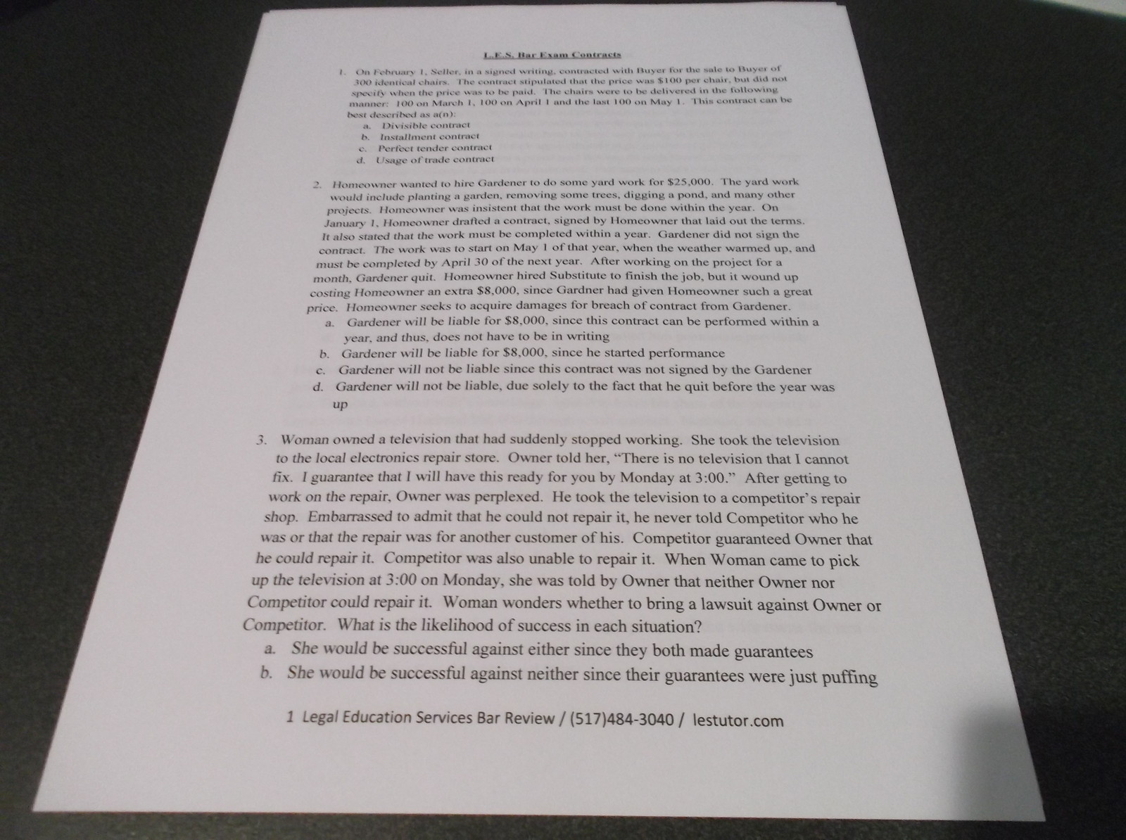 Law School Bar Exam MBE w/ audio explanations Contracts Sales multiple choice