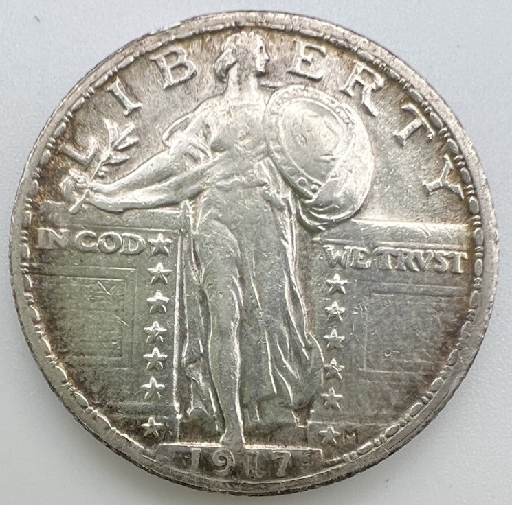 1917 Standing Liberty Quarter Type 2 Full Head FH! Toned, XF to AU+ Key Date T2