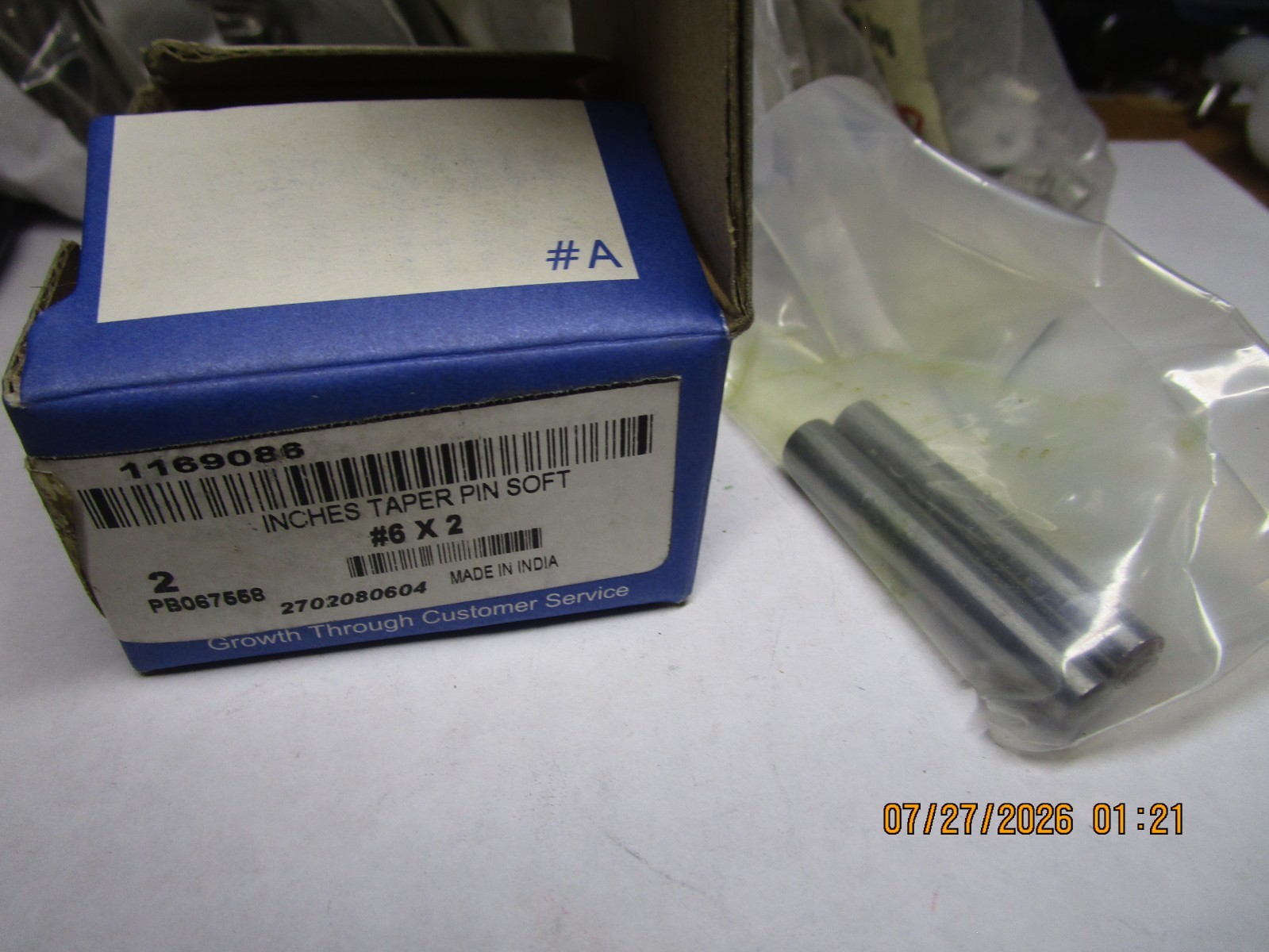 #6 0.299"-11/32"End Dia 2"L Plain C/S Std Tapered Pin QTY 2