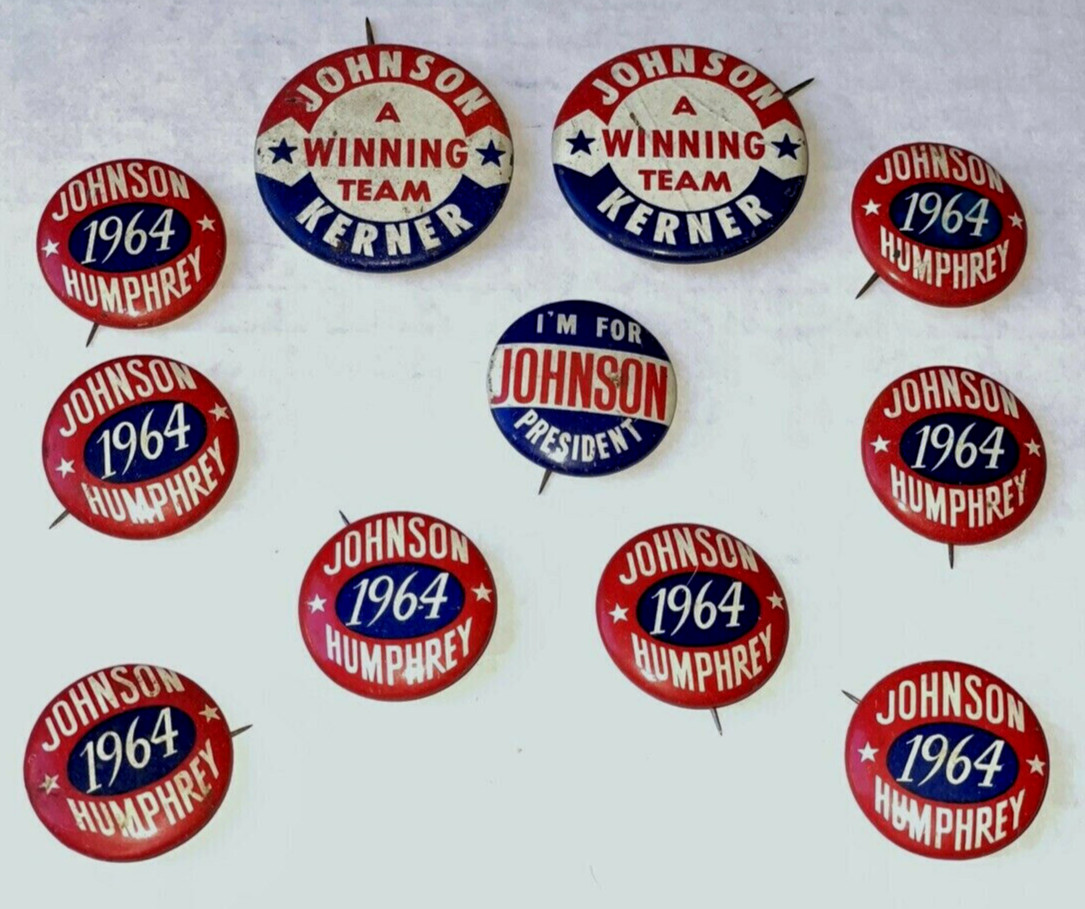 Lot of 11 Johnson Humphrey Kerner 1964 Political Pinback Buttons Tabs Pins