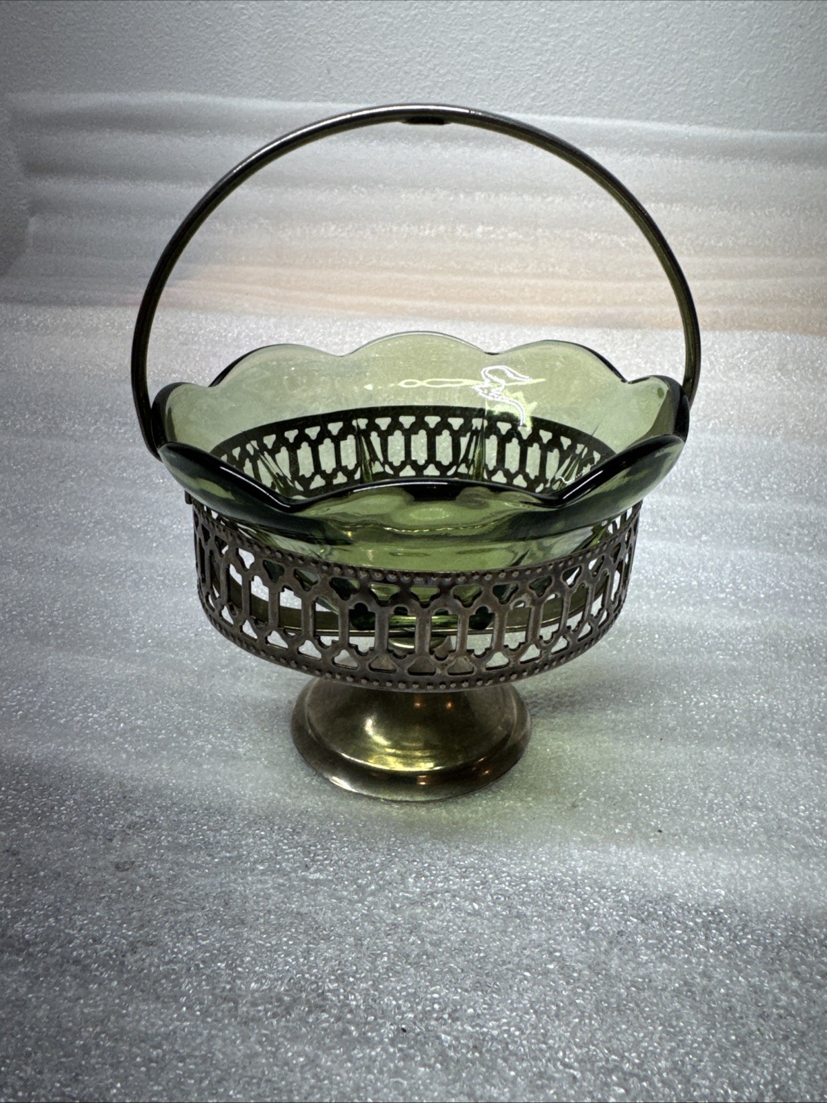Vintage Silver Looking & Green Pedestal Handle Condiment/Relish Bowl