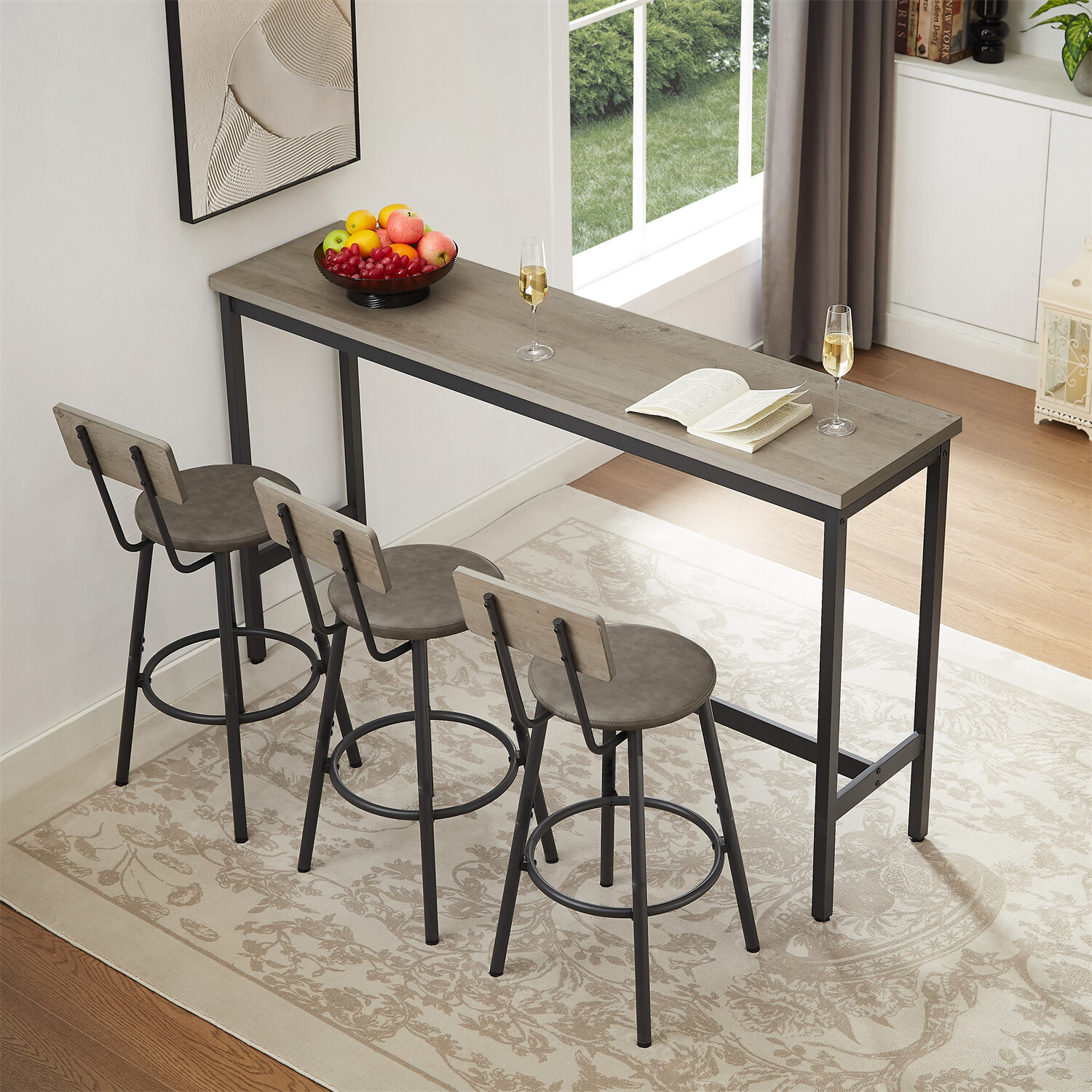 4-Piece Bar Table Set Counter Height Kitchen Pub Table with 3 Bar Stools Gray