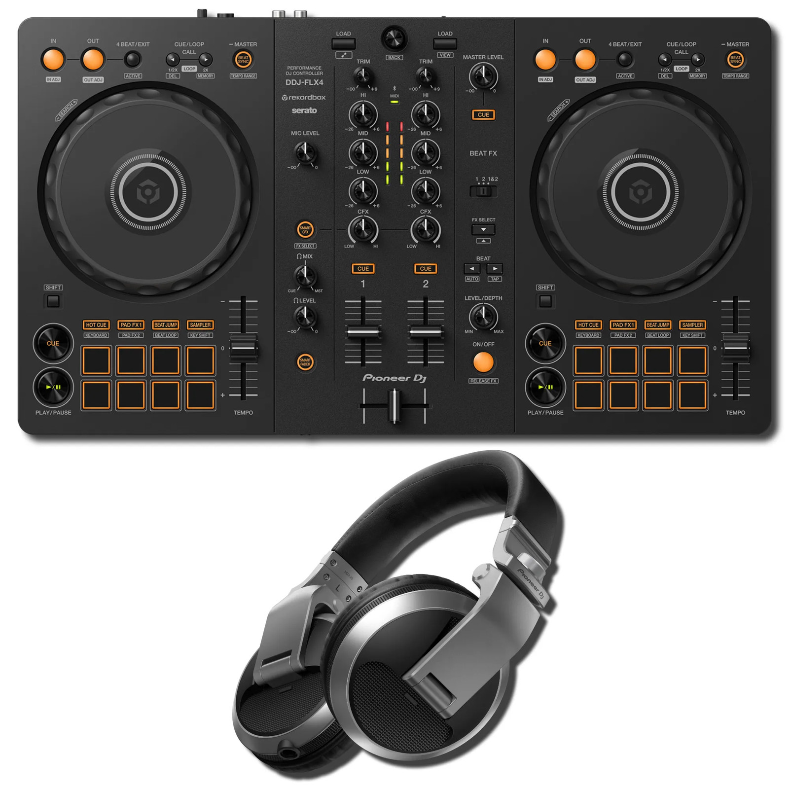 Pioneer DJ DDJ-FLX4 2-Channel DJ Controller w/ HDJ-X5-S Silver Pro Headphones
