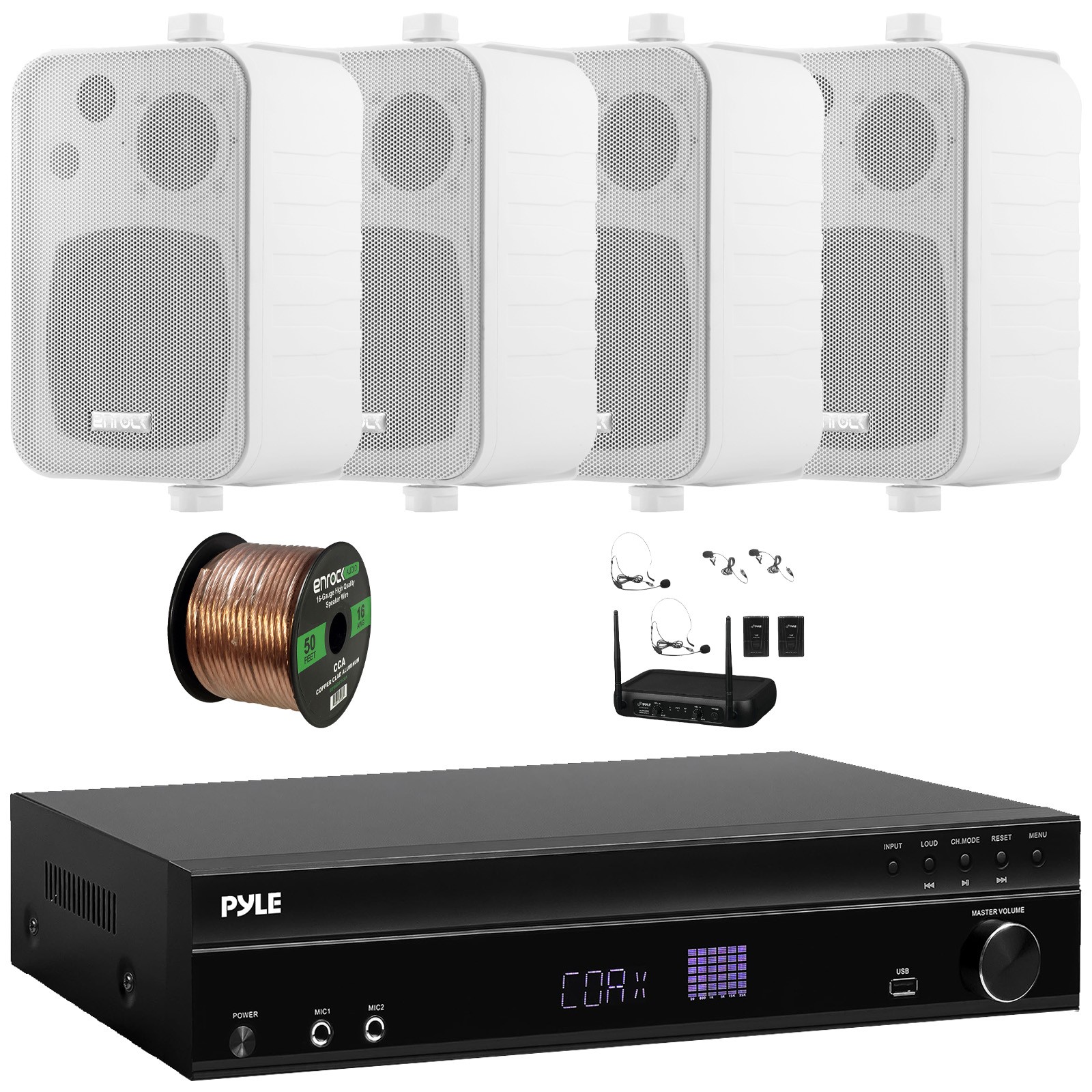 Pyle 5.2CH Bluetooth Power Receiver, 4x 4" 30W 3-Way Speakers + Wireless Mic