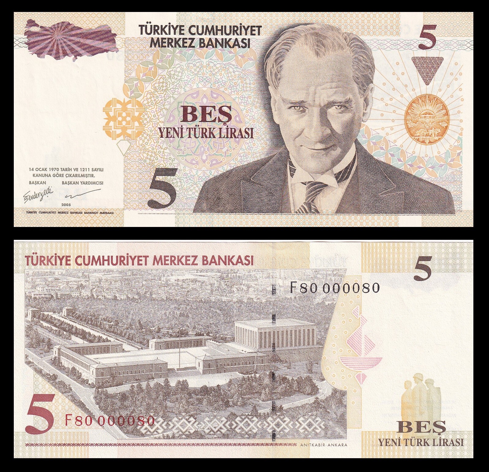 Turkey 5 Lira 2005 P217 UNC / Fancy low # F80 000080